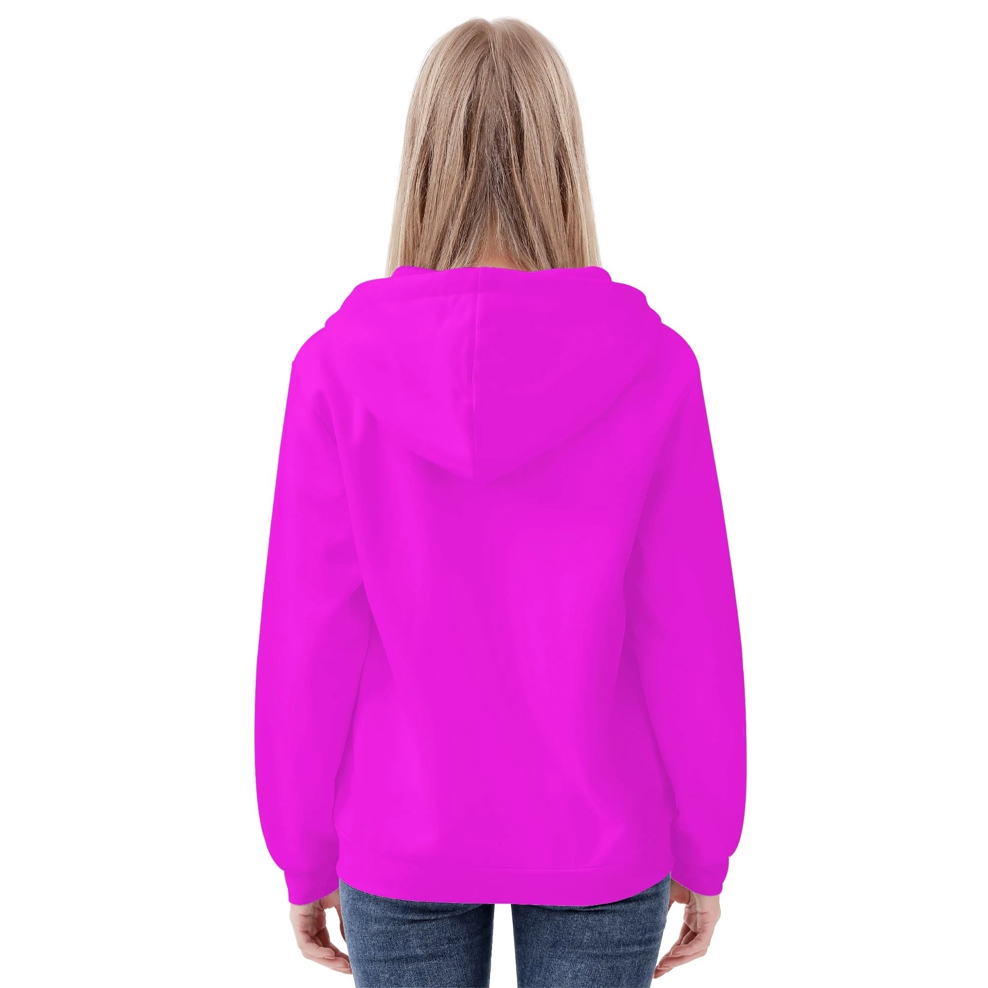 Sudadera Fucsia GlowFit con capucha ajustable y cremallera completa en color magenta brillante.