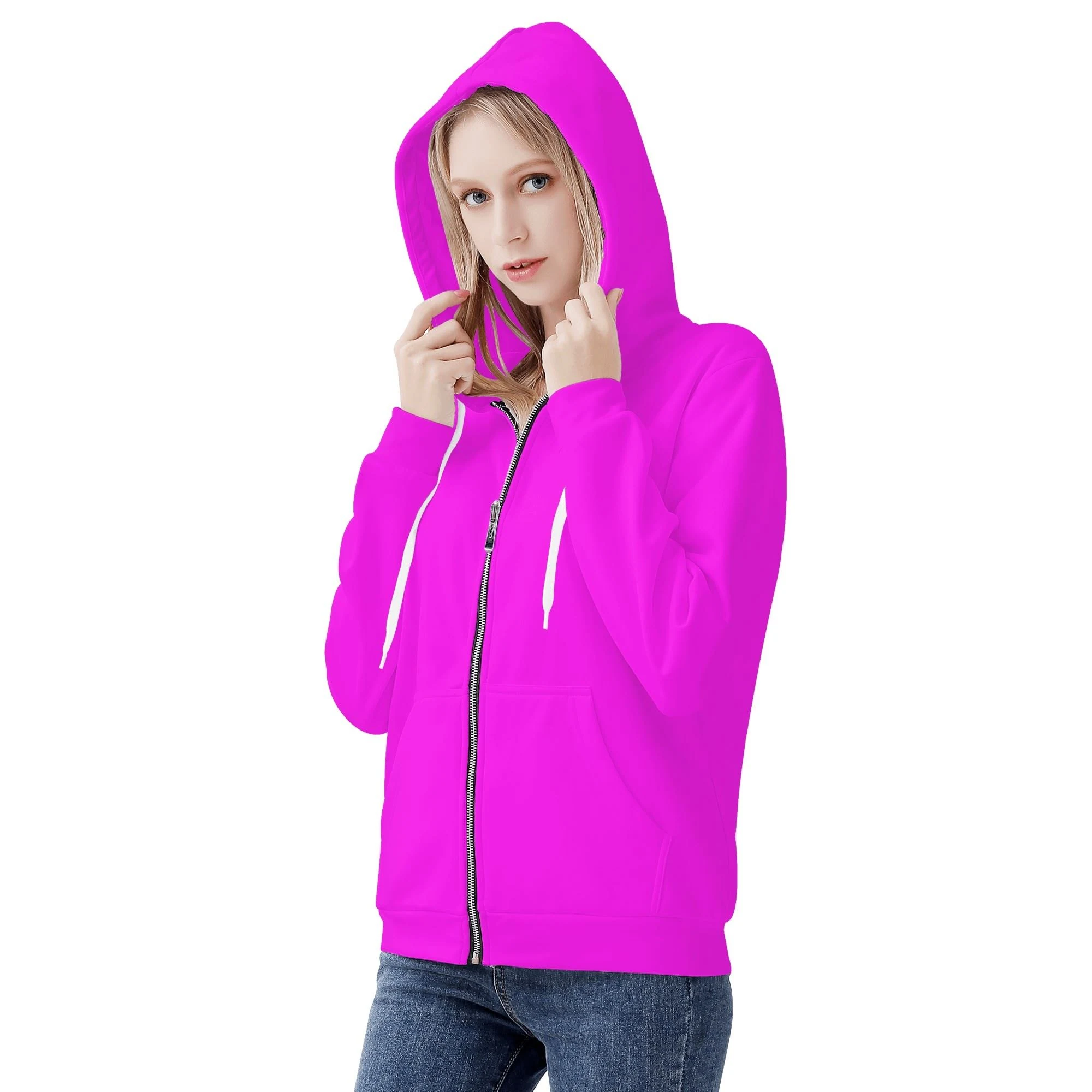 Sudadera Fucsia GlowFit con capucha ajustable y cremallera completa en color magenta brillante.