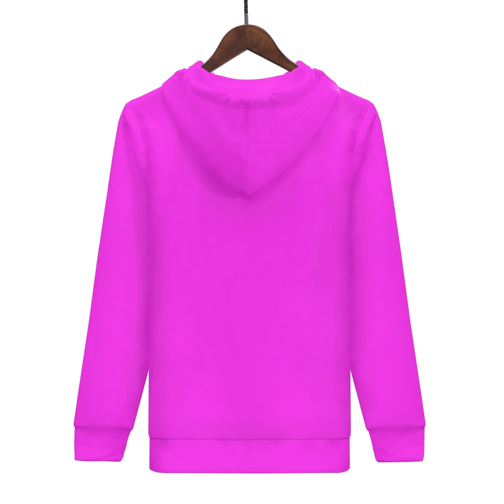 Sudadera Fucsia GlowFit con capucha ajustable y cremallera completa en color magenta brillante.