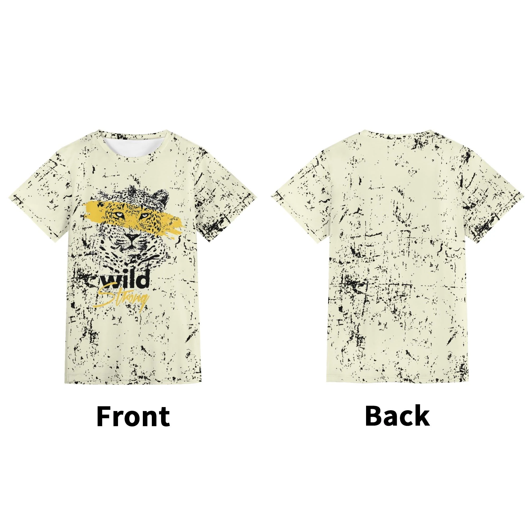 Imagen de la camiseta Wild Strong Tee con estampado integral de leopardo en marfil apagado y negro, con detalles vibrantes en amarillo en los ojos y la frente. Diseño urbano y audaz sobre fondo desgastado.