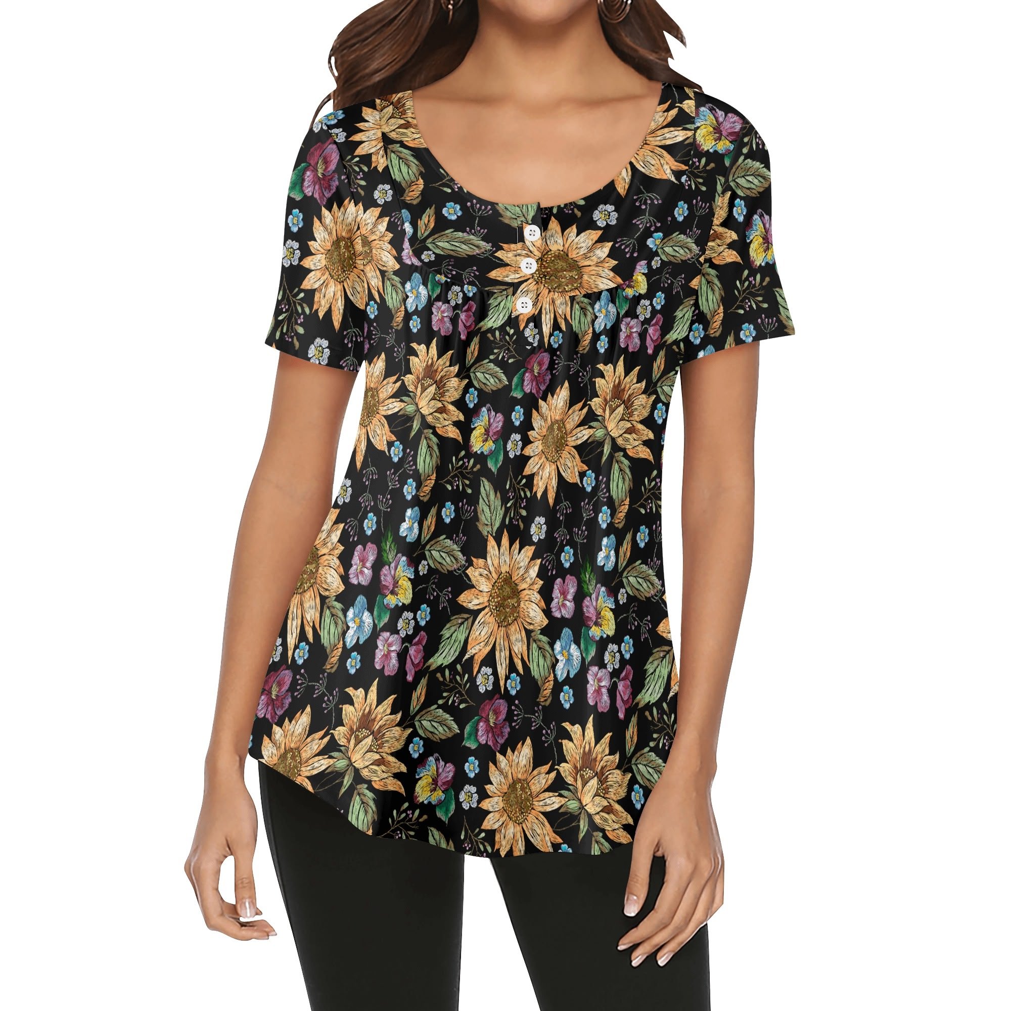 Detalle del diseño de la Blusa Floral Chic, mostrando los girasoles y flores en tonos vibrantes.