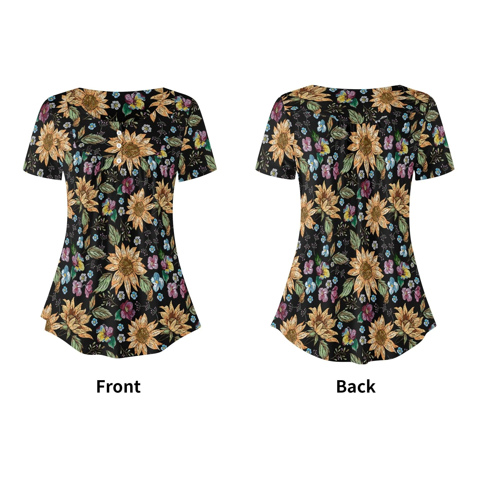 Detalle del diseño de la Blusa Floral Chic, mostrando los girasoles y flores en tonos vibrantes.