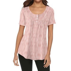 Blusa Elegance Rosa de manga corta con diseño de rayas verticales en tonos rosa y marrón, cuello redondo y corte holgado.
