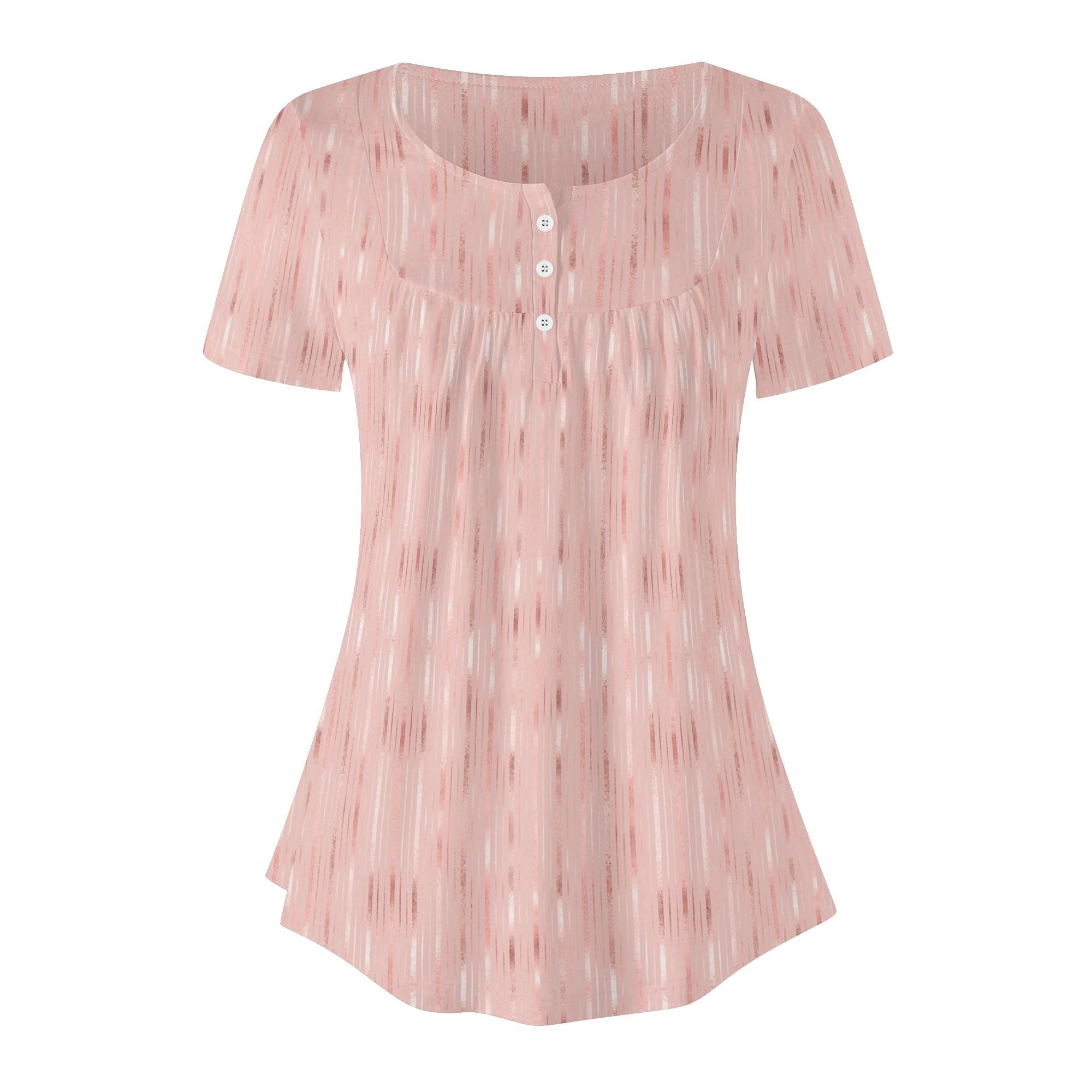 Blusa Elegance Rosa de manga corta con diseño de rayas verticales en tonos rosa y marrón, cuello redondo y corte holgado.