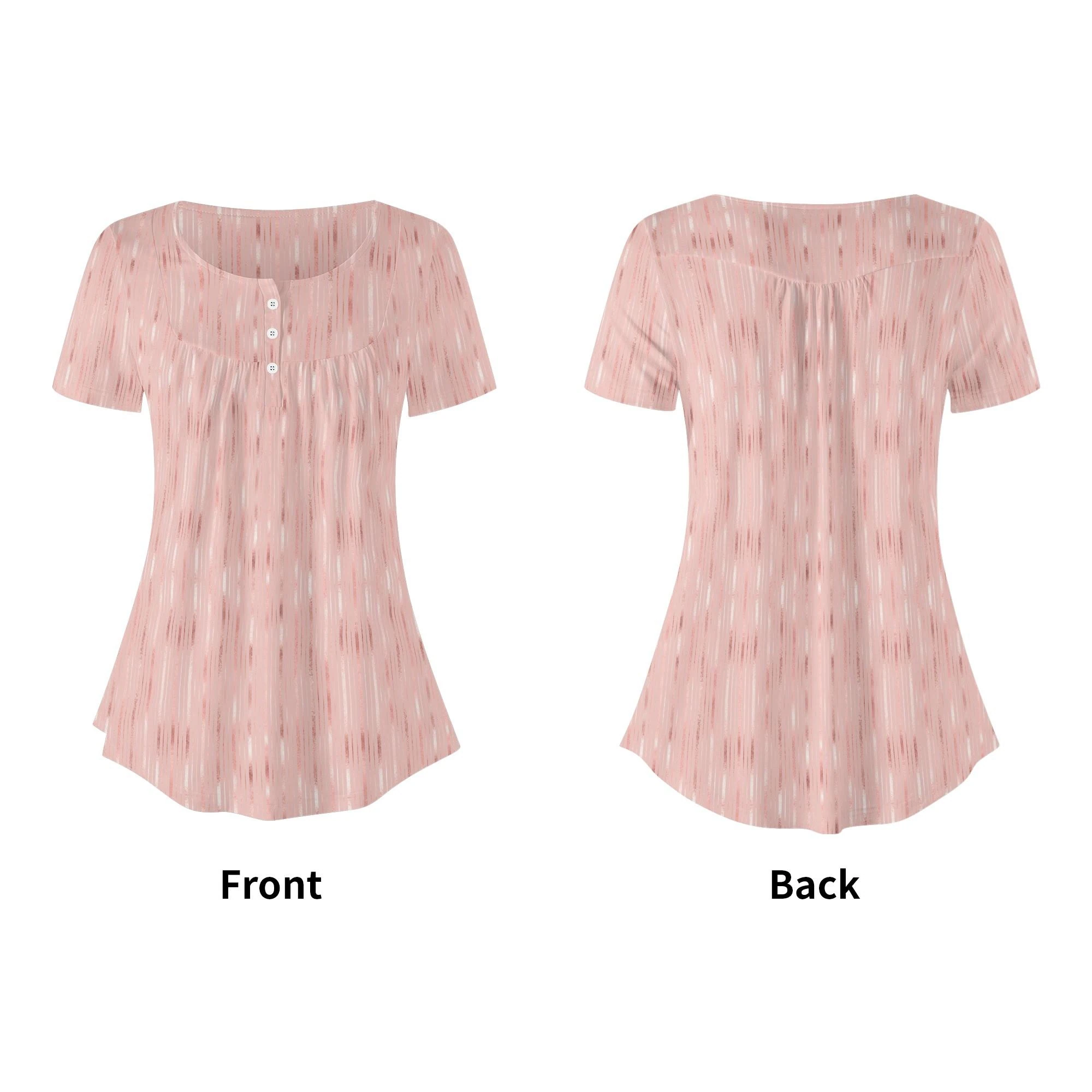 Blusa Elegance Rosa de manga corta con diseño de rayas verticales en tonos rosa y marrón, cuello redondo y corte holgado.
