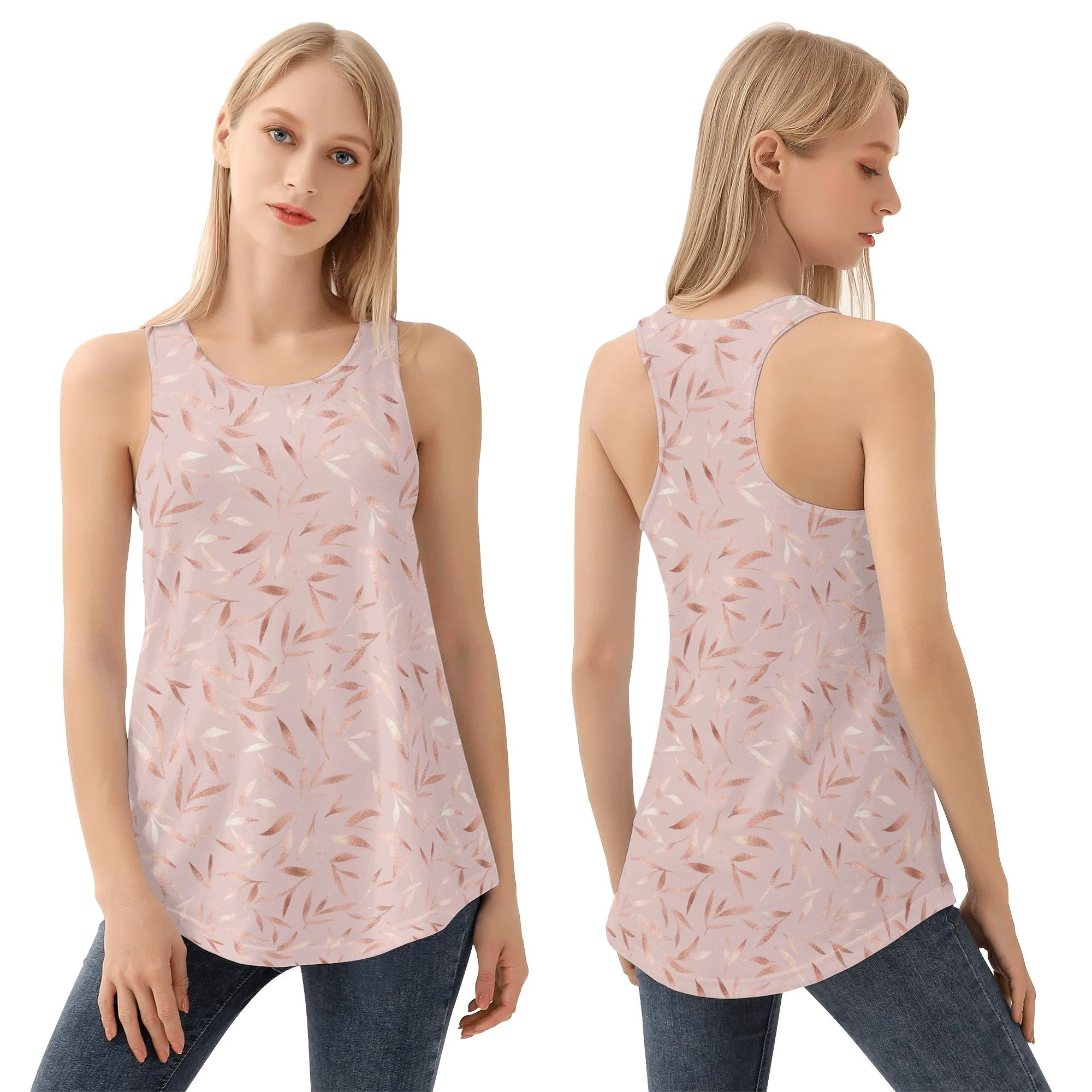 Camiseta sin mangas para mujer con diseño de hojas estilizadas en tonos metálicos de rosa dorado sobre fondo rosa claro.