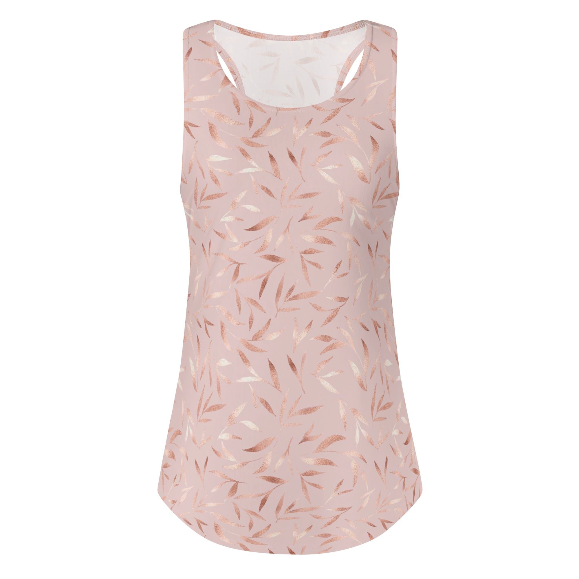 Camiseta sin mangas para mujer con diseño de hojas estilizadas en tonos metálicos de rosa dorado sobre fondo rosa claro.