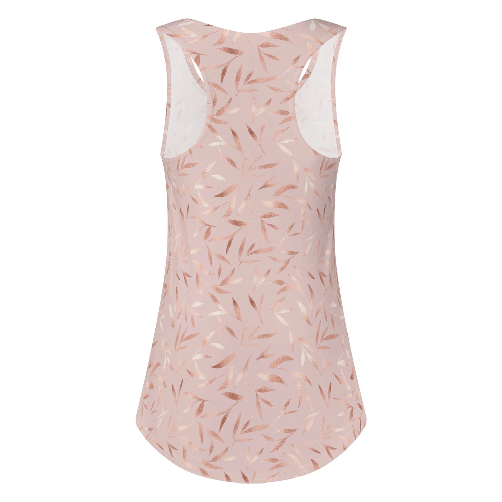 Camiseta sin mangas para mujer con diseño de hojas estilizadas en tonos metálicos de rosa dorado sobre fondo rosa claro.