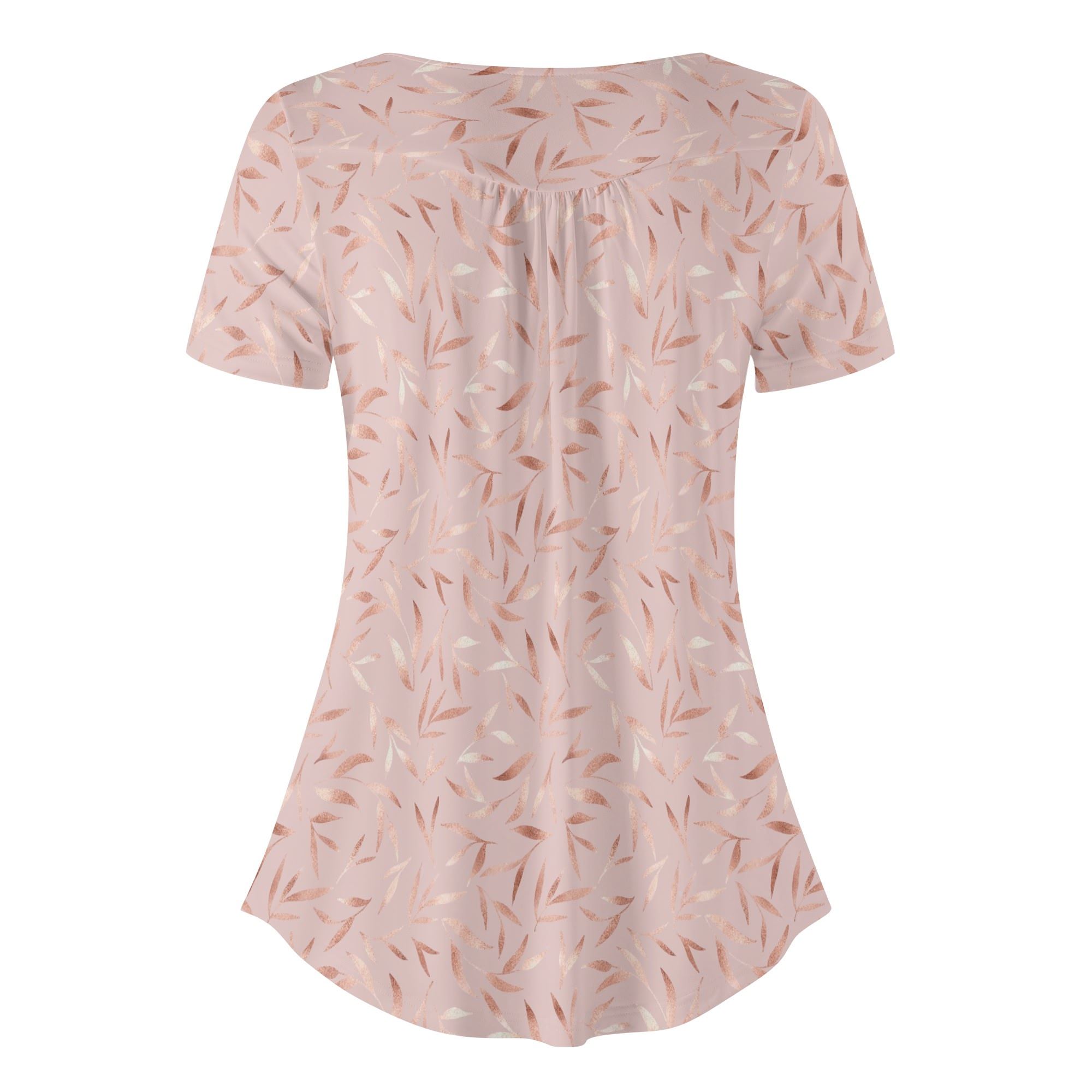 Blusa holgada de manga corta para mujer con diseño floral en tonos metálicos de rosa dorado sobre fondo rosa claro, cuello redondo y botones decorativos.