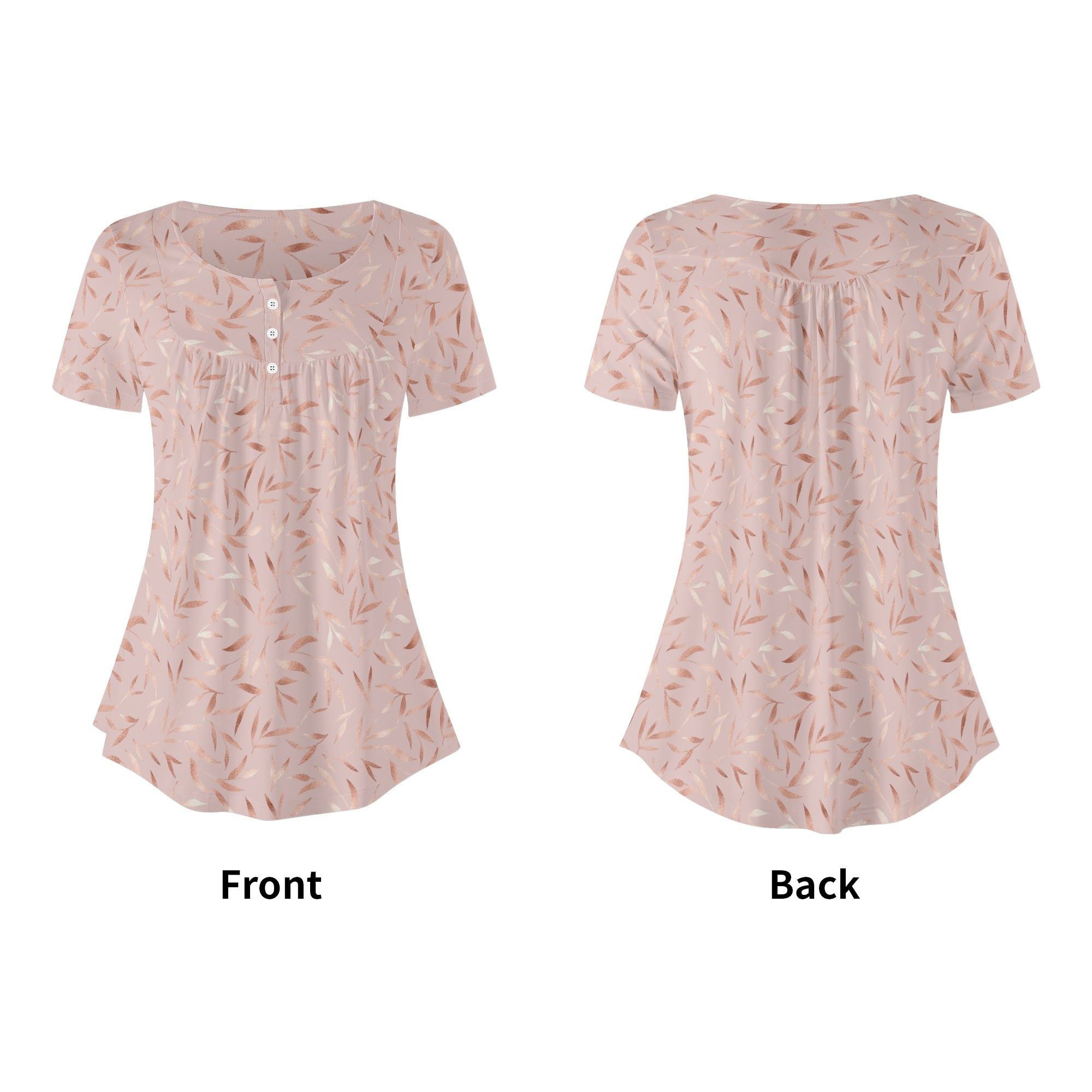 Blusa holgada de manga corta para mujer con diseño floral en tonos metálicos de rosa dorado sobre fondo rosa claro, cuello redondo y botones decorativos.