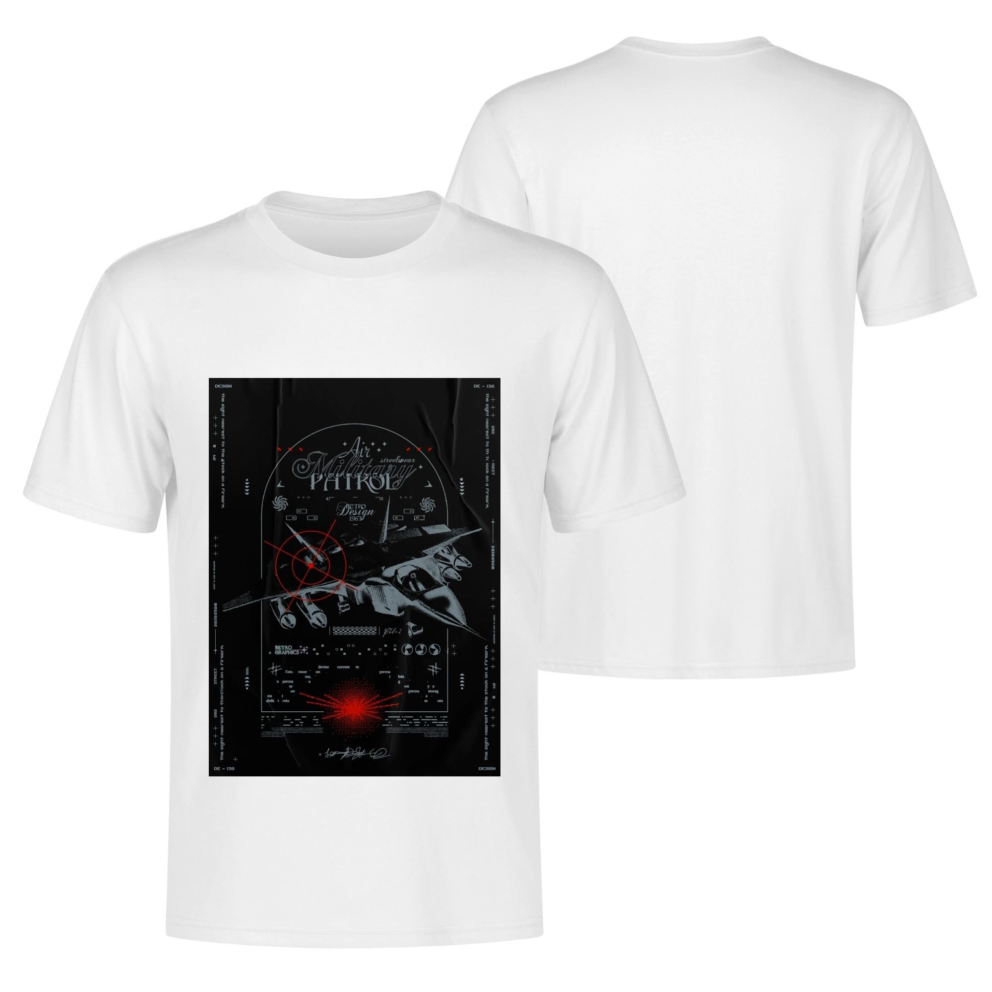 Camiseta negra para hombre con diseño retro de avión militar, mira de objetivo roja y textos vintage. Impresión frontal y trasera en algodón resistente.