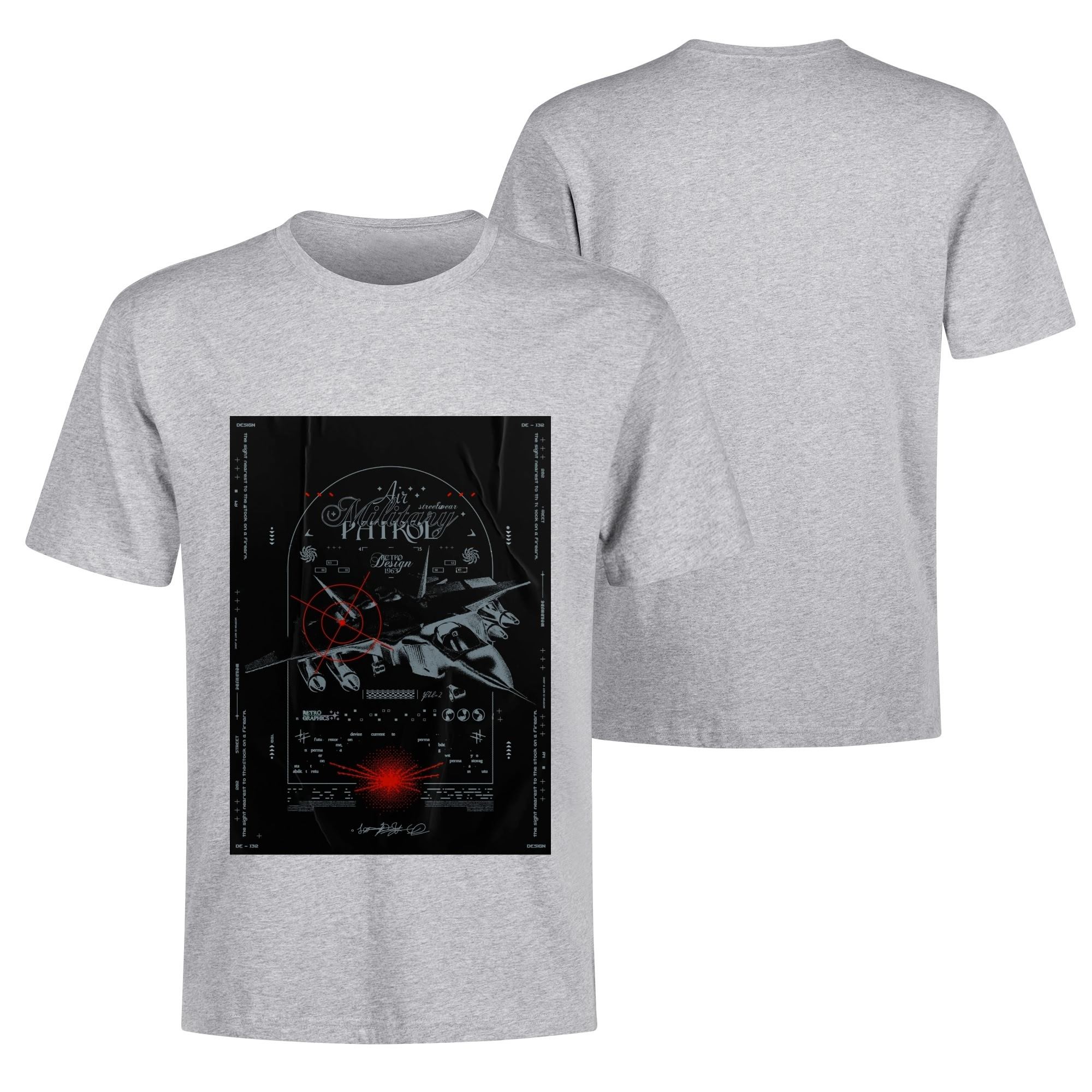 Camiseta negra para hombre con diseño retro de avión militar, mira de objetivo roja y textos vintage. Impresión frontal y trasera en algodón resistente.