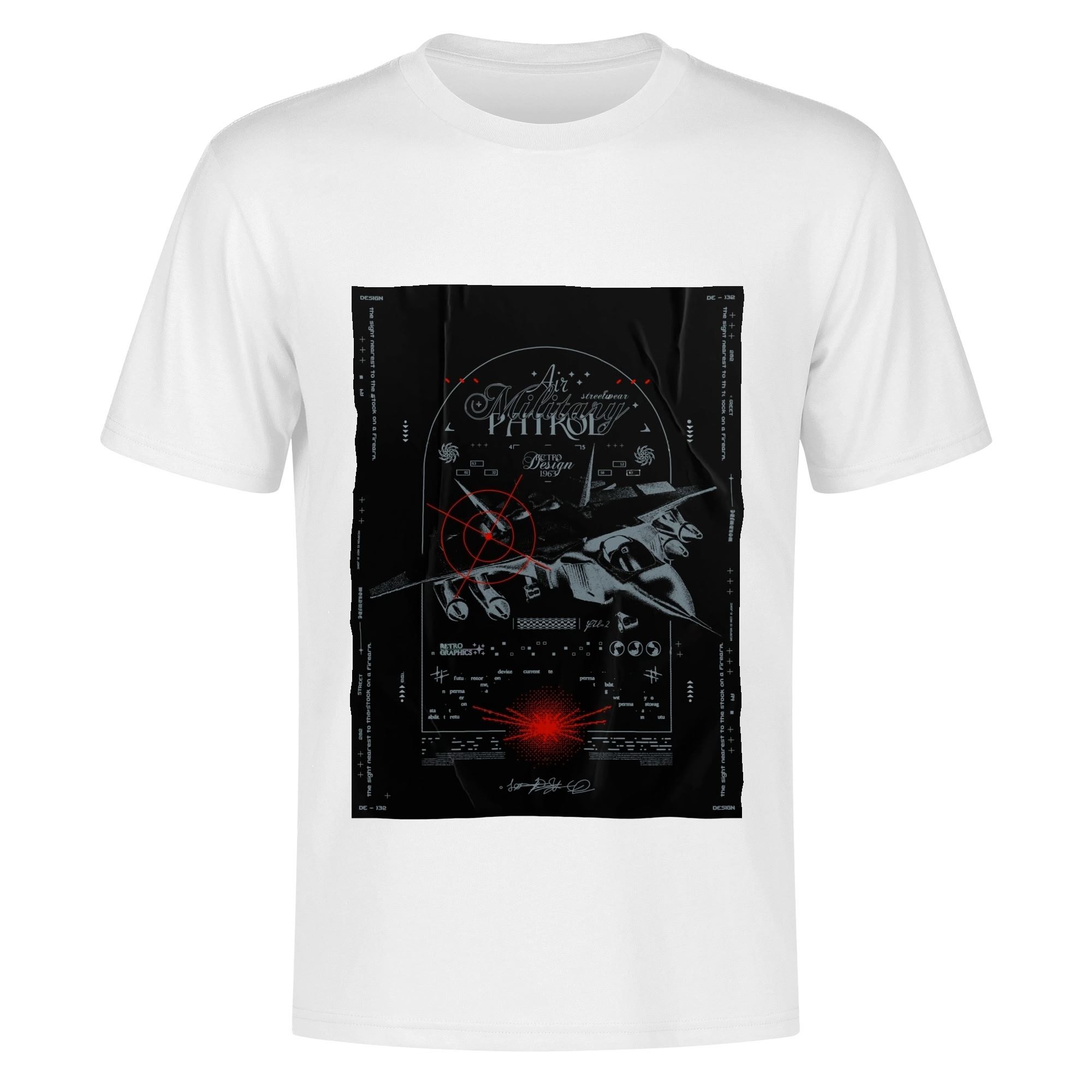 Camiseta negra para hombre con diseño retro de avión militar, mira de objetivo roja y textos vintage. Impresión frontal y trasera en algodón resistente.