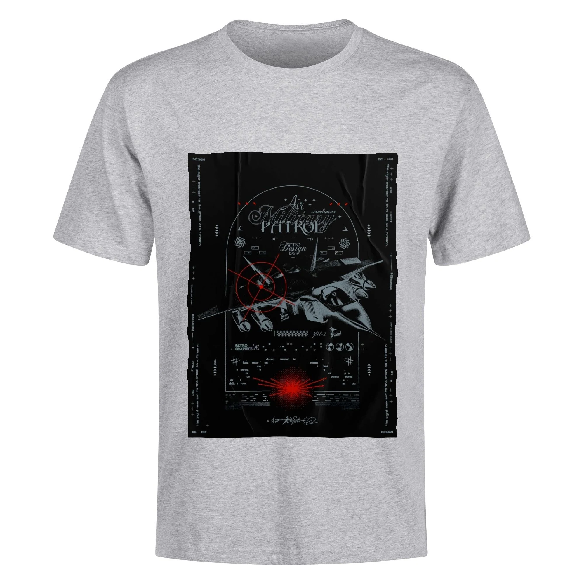 Camiseta negra para hombre con diseño retro de avión militar, mira de objetivo roja y textos vintage. Impresión frontal y trasera en algodón resistente.