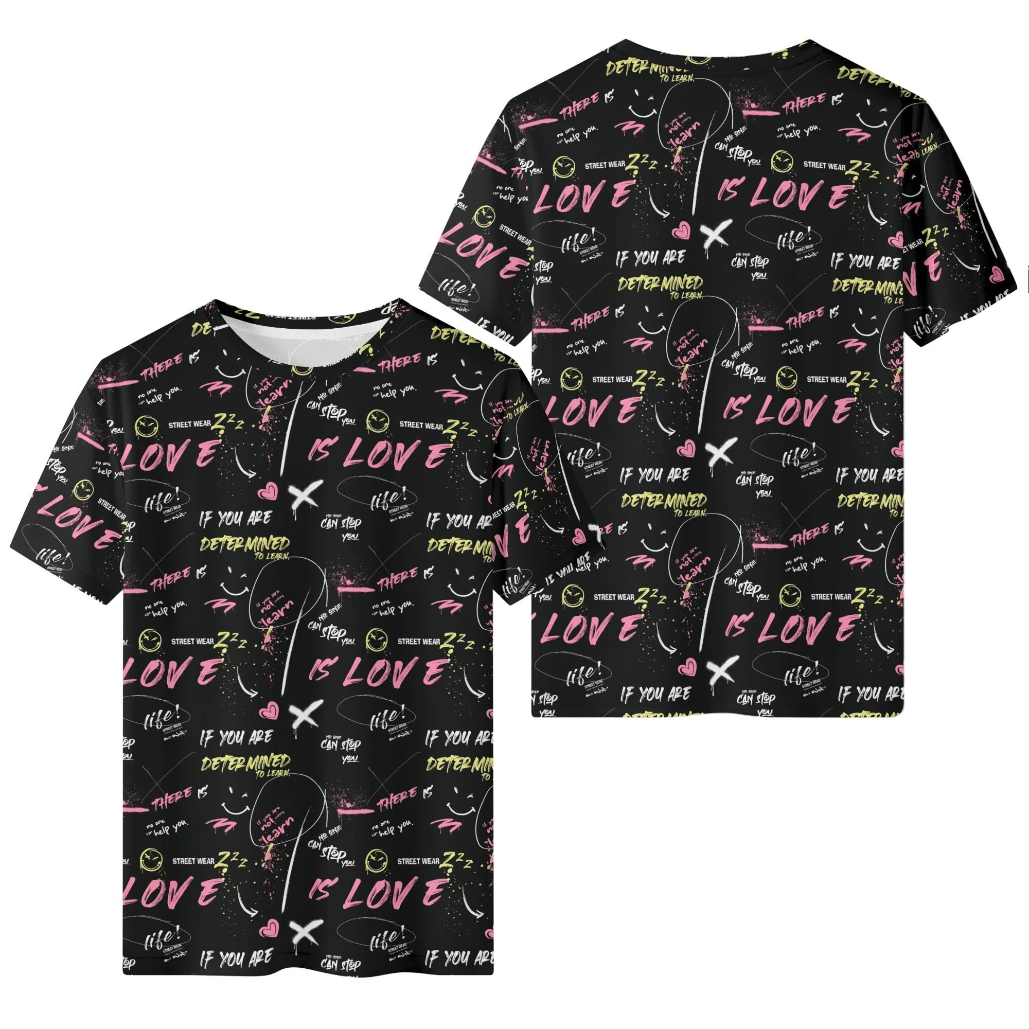 Camiseta negra para hombre con estampado all-over de grafitis, corazones y frases motivacionales en tonos neón. Diseño urbano inspirado en culturas californiana y japonesa.