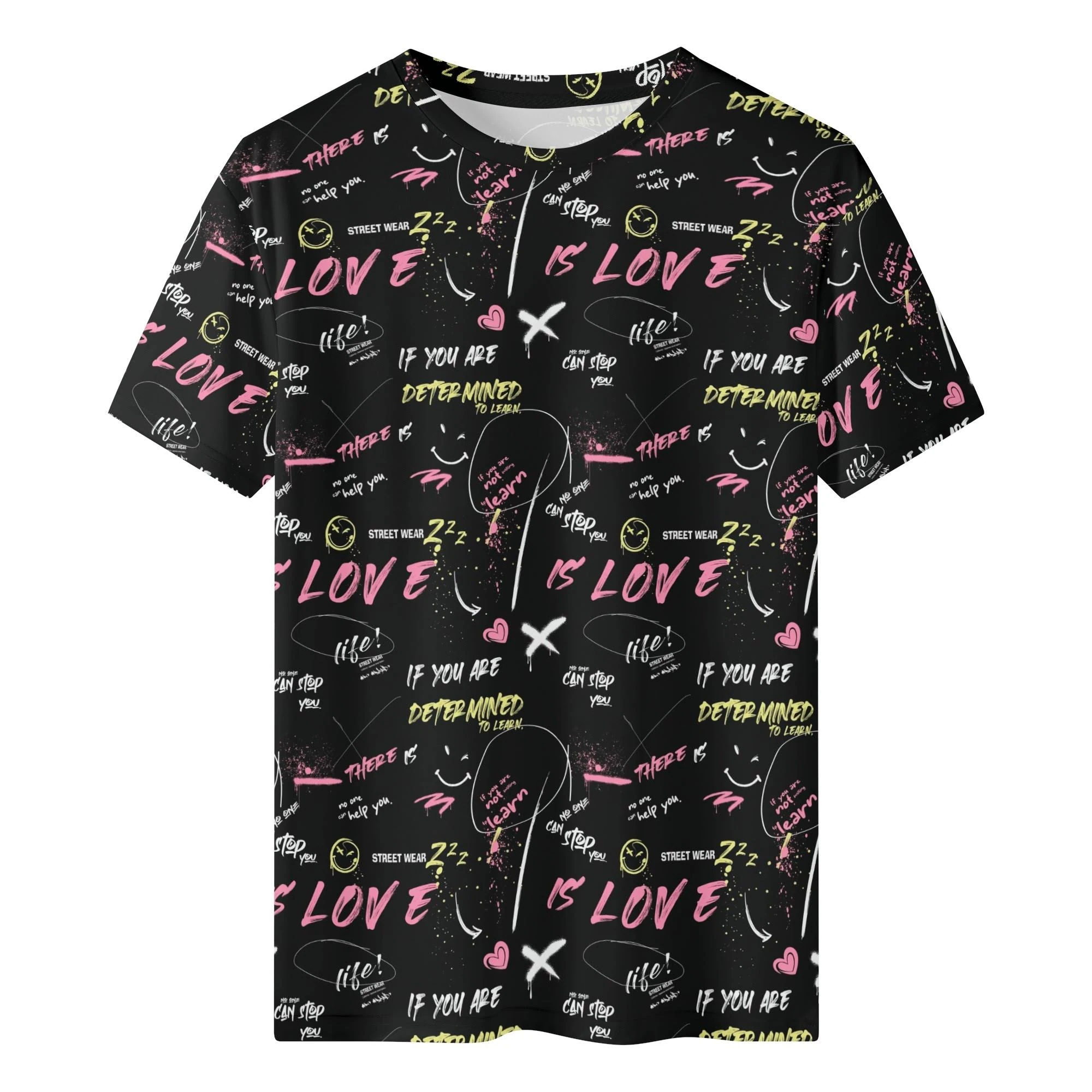 Camiseta negra para hombre con estampado all-over de grafitis, corazones y frases motivacionales en tonos neón. Diseño urbano inspirado en culturas californiana y japonesa.