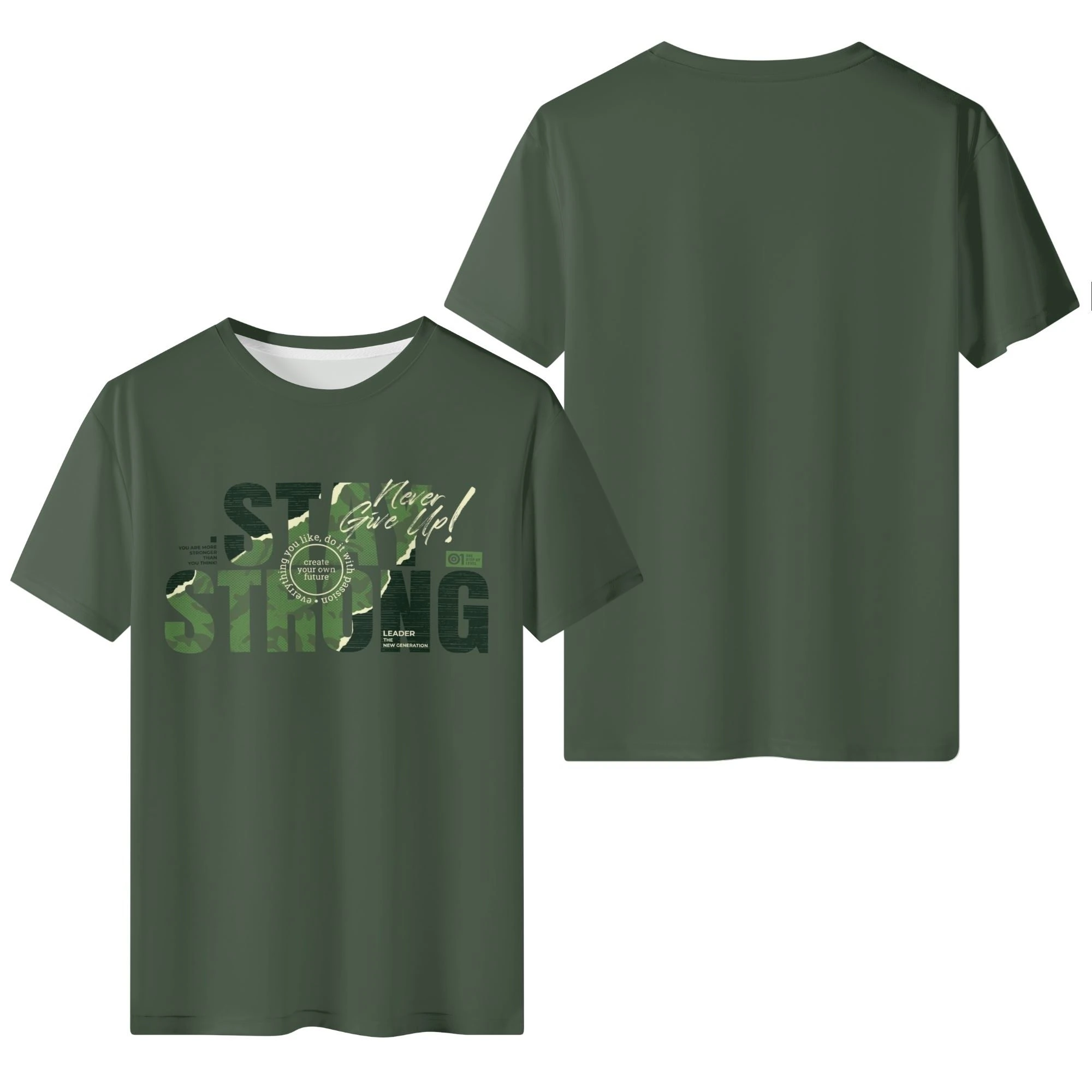 Camiseta verde militar para hombre con estampado all-over de mensajes motivacionales y patrones de camuflaje en rojo y blanco.