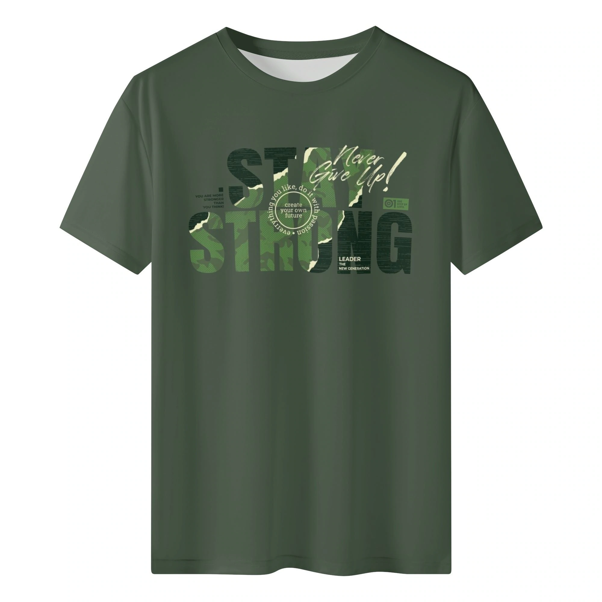 Camiseta verde militar para hombre con estampado all-over de mensajes motivacionales y patrones de camuflaje en rojo y blanco.