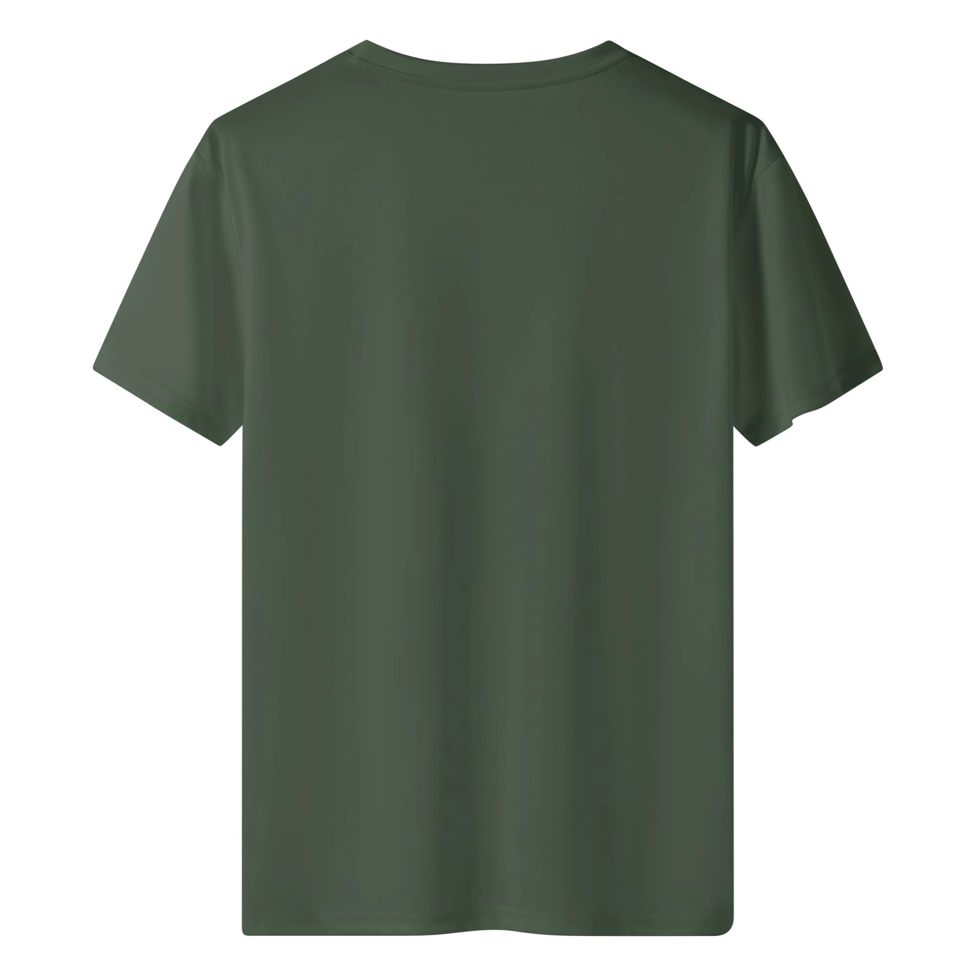Camiseta verde militar para hombre con estampado all-over de mensajes motivacionales y patrones de camuflaje en rojo y blanco.