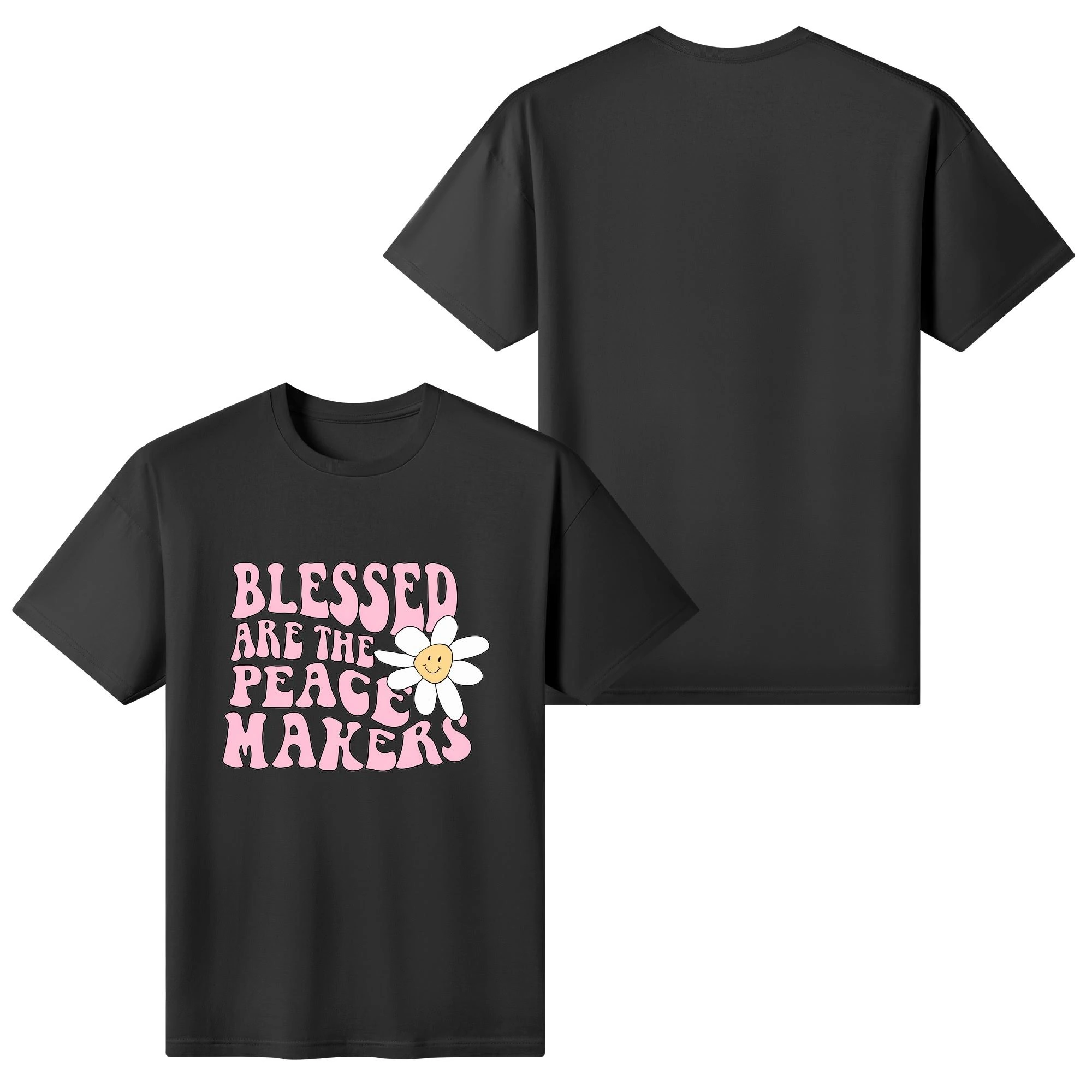 Camiseta rosa claro para mujer con estampado floral retro y frase "BLESSED ARE THE PEACE MAKERS" en tipografía años 70.