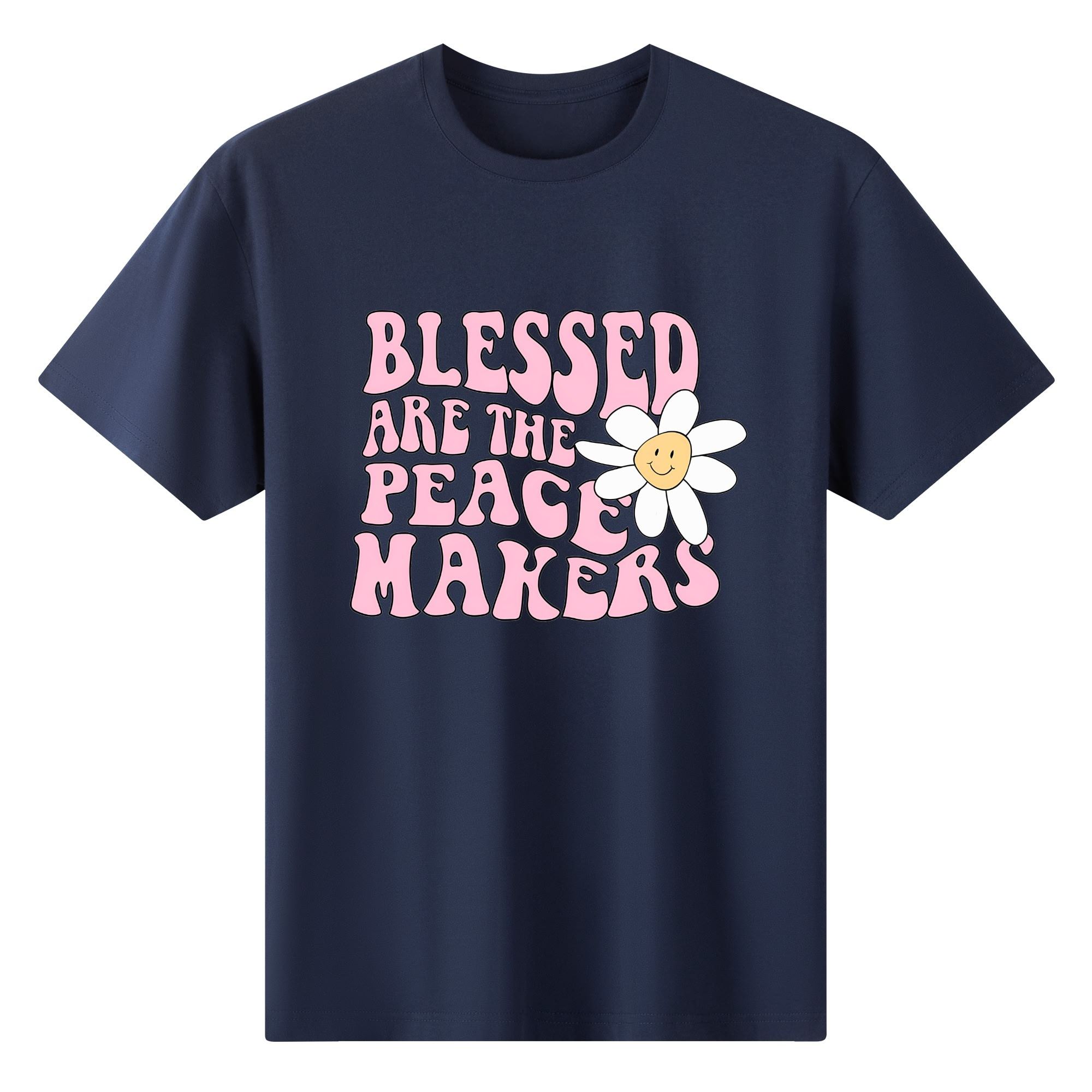 Camiseta rosa claro para mujer con estampado floral retro y frase "BLESSED ARE THE PEACE MAKERS" en tipografía años 70.