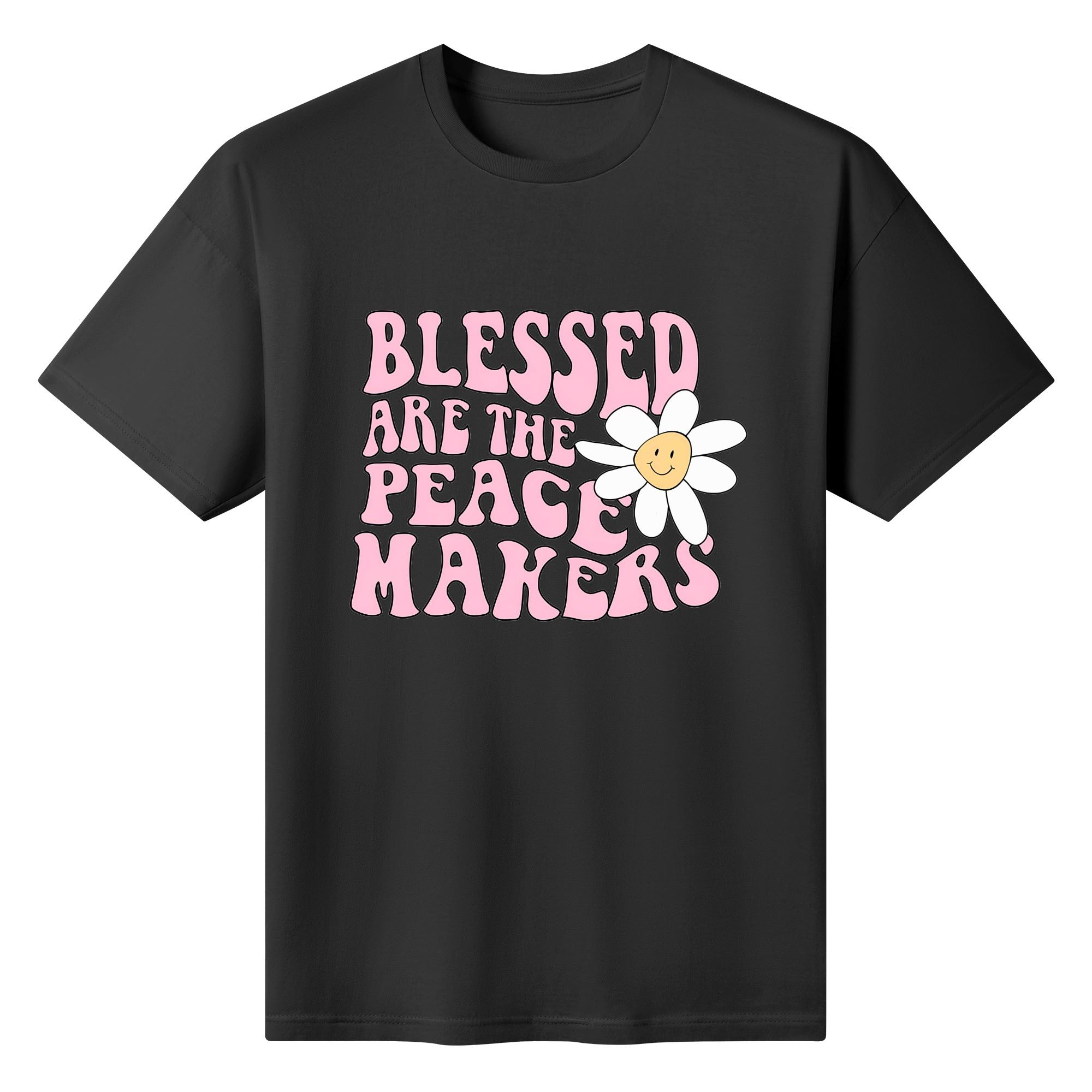 Camiseta rosa claro para mujer con estampado floral retro y frase "BLESSED ARE THE PEACE MAKERS" en tipografía años 70.