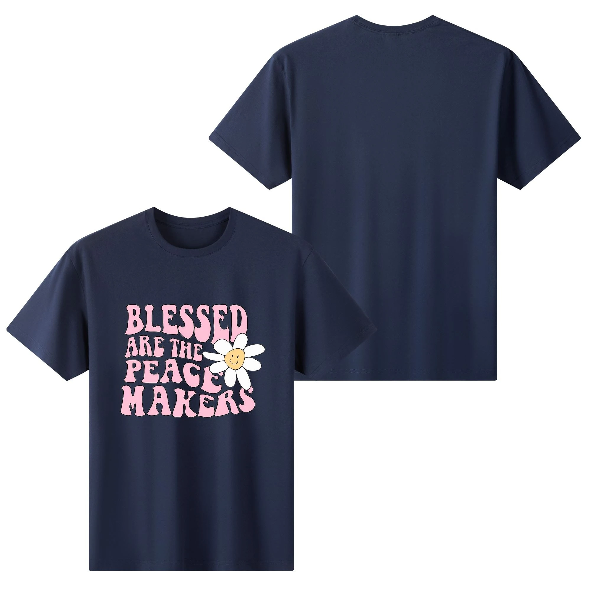 Camiseta rosa claro para mujer con estampado floral retro y frase "BLESSED ARE THE PEACE MAKERS" en tipografía años 70.