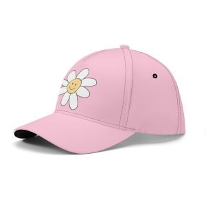 Gorra de béisbol blanca con estampado floral amarillo y cara sonriente en el centro. Visera precurvada y ajuste universal.