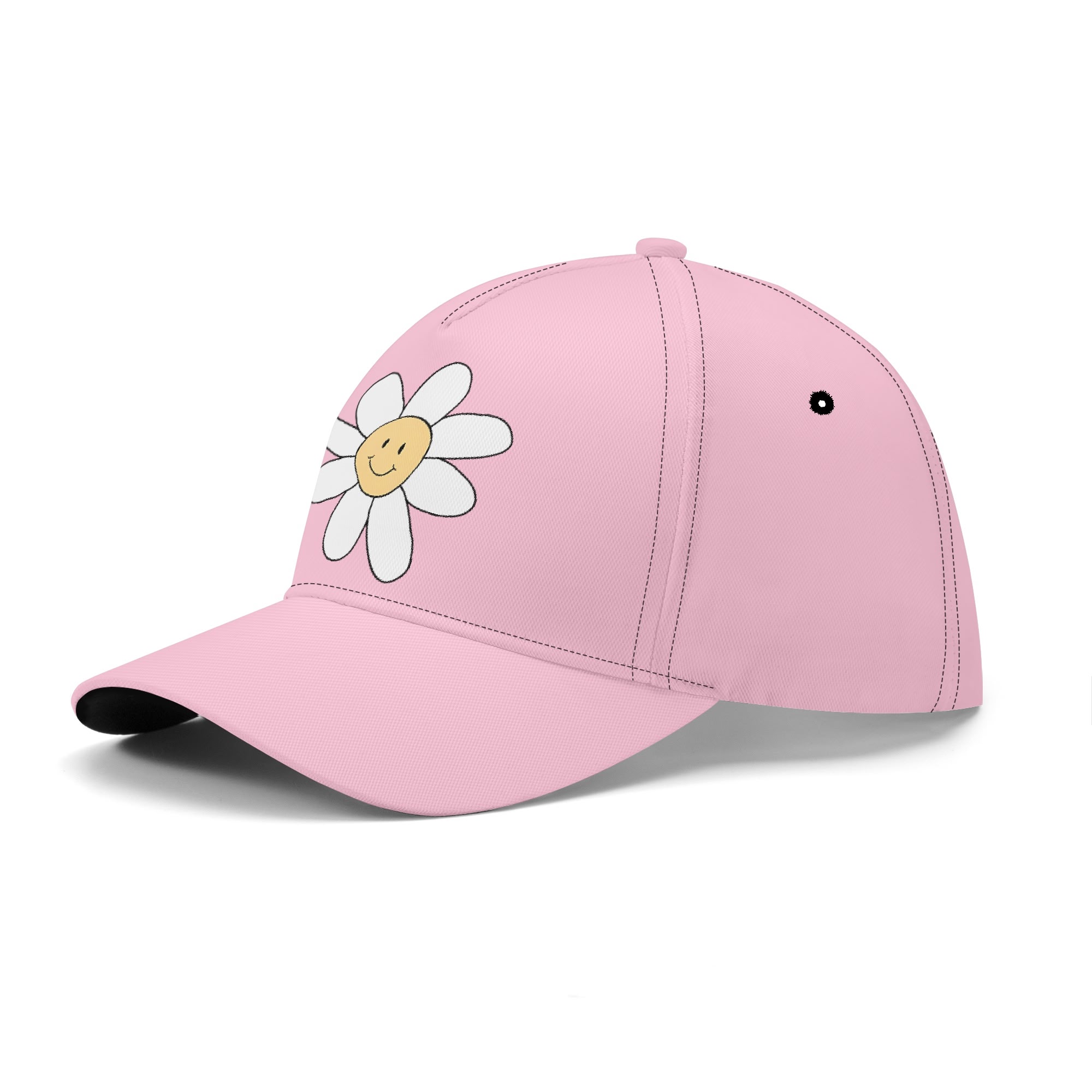Gorra de béisbol blanca con estampado floral amarillo y cara sonriente en el centro. Visera precurvada y ajuste universal.