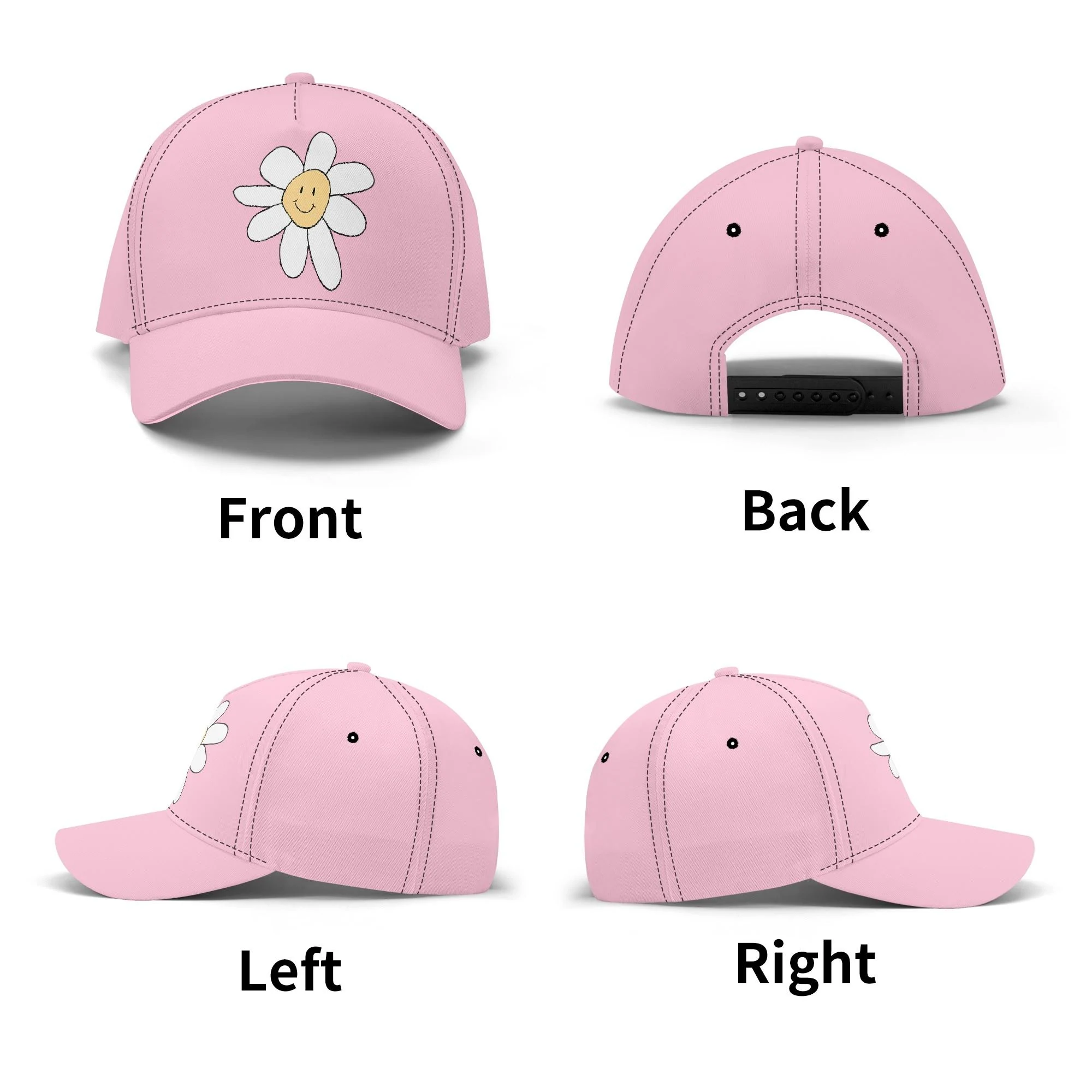 Gorra de béisbol blanca con estampado floral amarillo y cara sonriente en el centro. Visera precurvada y ajuste universal.