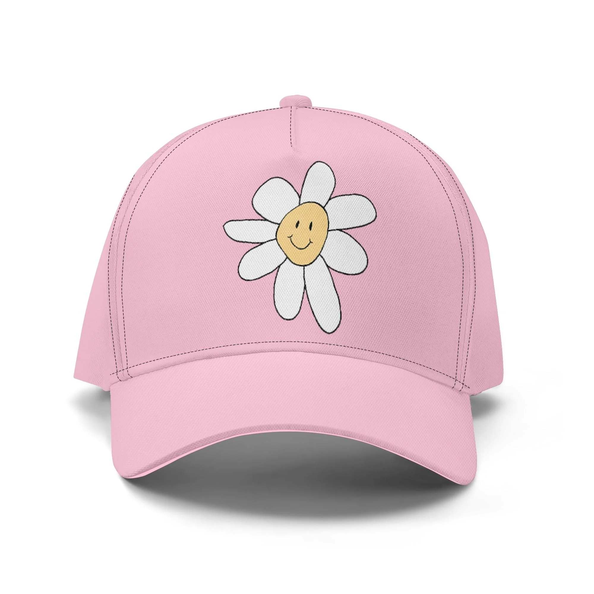 Gorra de béisbol blanca con estampado floral amarillo y cara sonriente en el centro. Visera precurvada y ajuste universal.