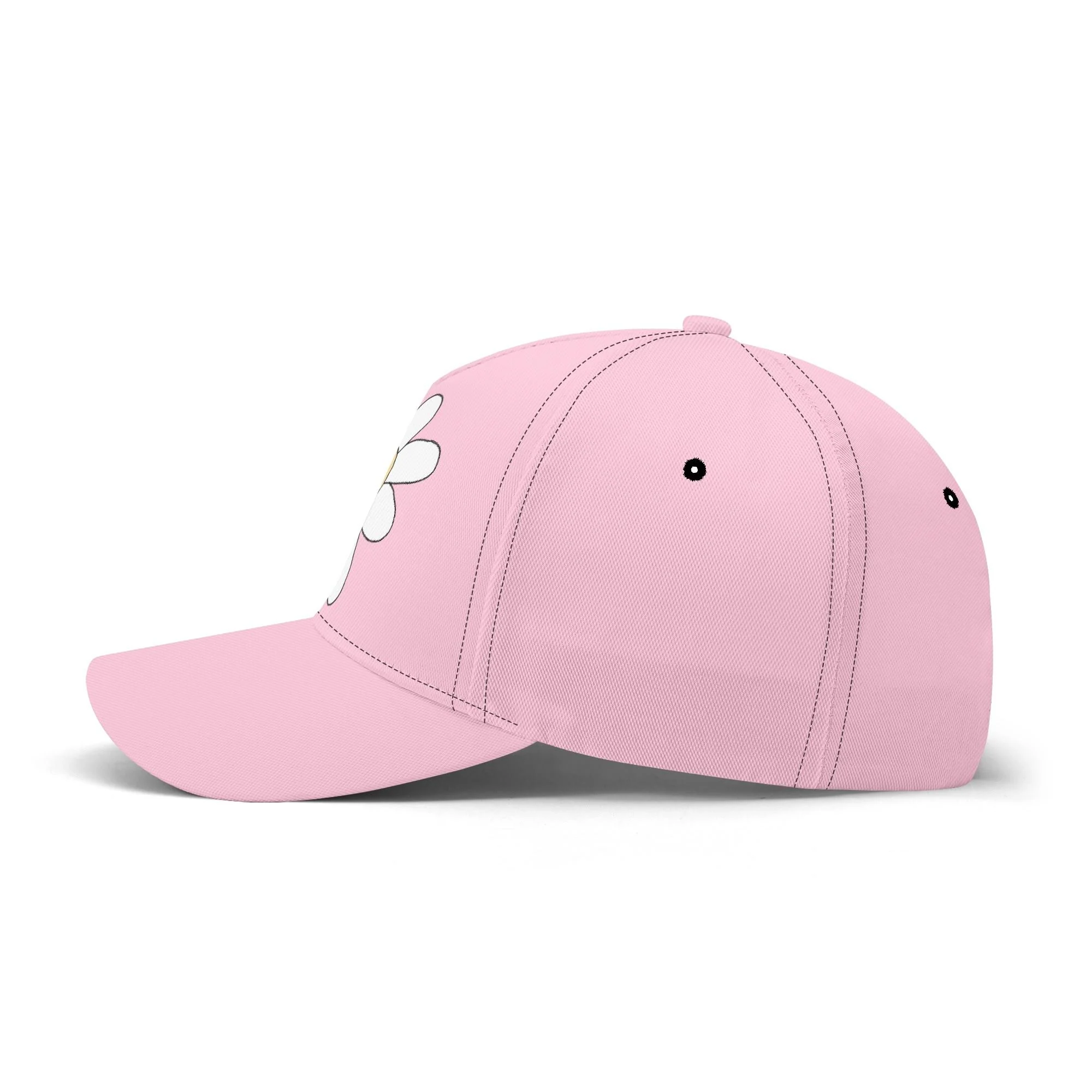 Gorra de béisbol blanca con estampado floral amarillo y cara sonriente en el centro. Visera precurvada y ajuste universal.