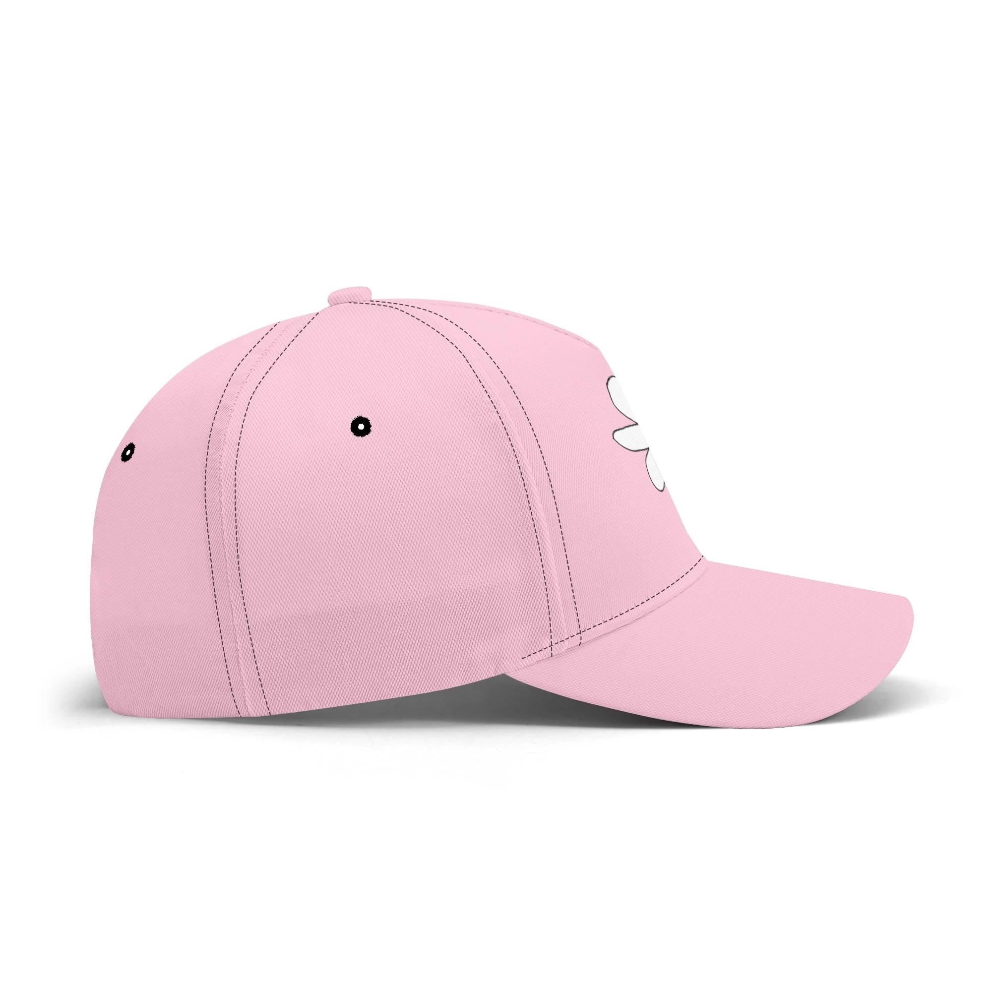 Gorra de béisbol blanca con estampado floral amarillo y cara sonriente en el centro. Visera precurvada y ajuste universal.