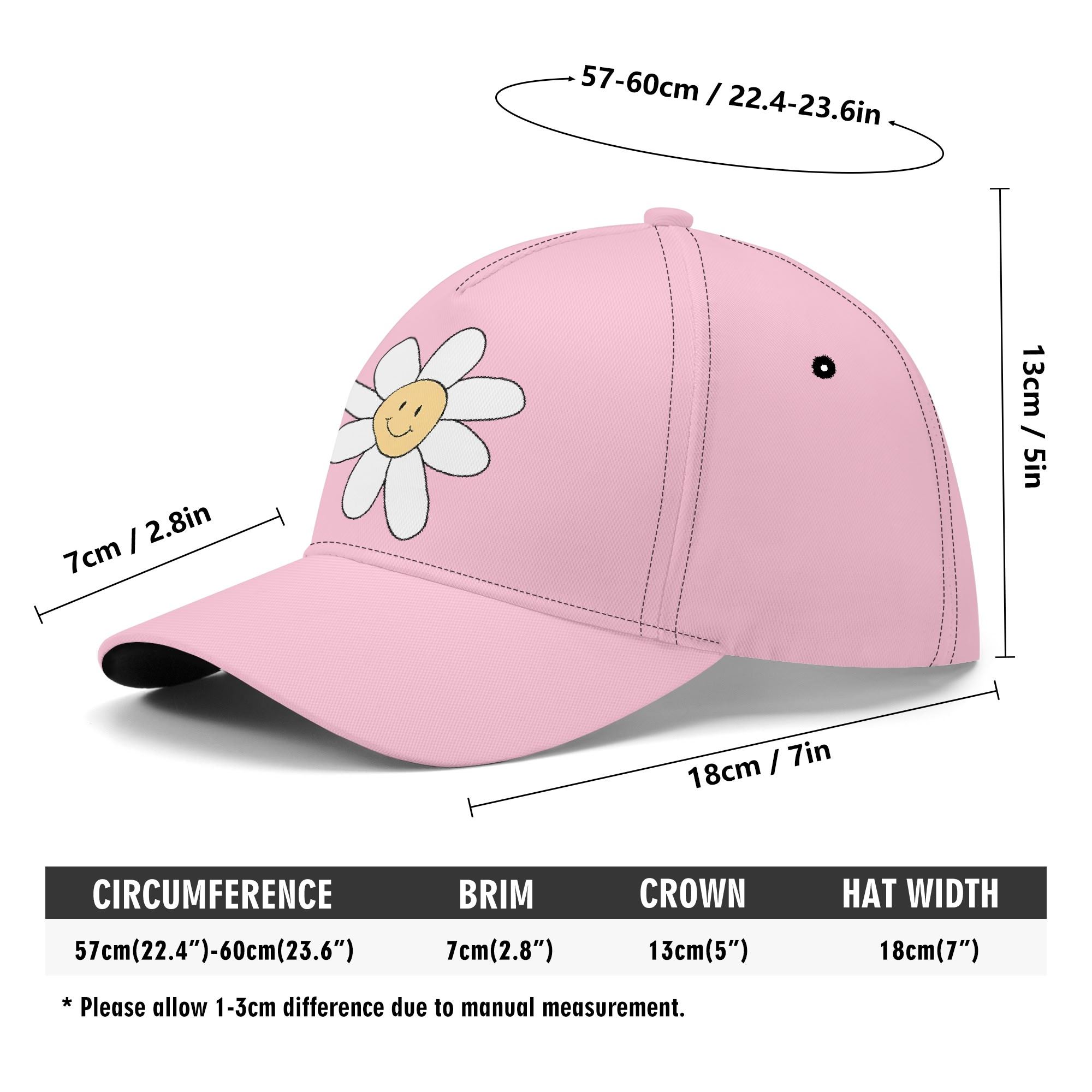 Gorra de béisbol blanca con estampado floral amarillo y cara sonriente en el centro. Visera precurvada y ajuste universal.