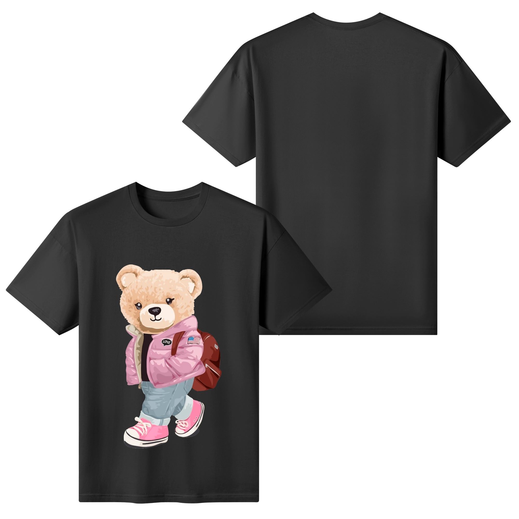 Camiseta blanca para mujer con estampado de oso moderno en chaqueta rosa, mochila marrón y zapatillas. Diseño urbano y casual con detalles "LOVE".