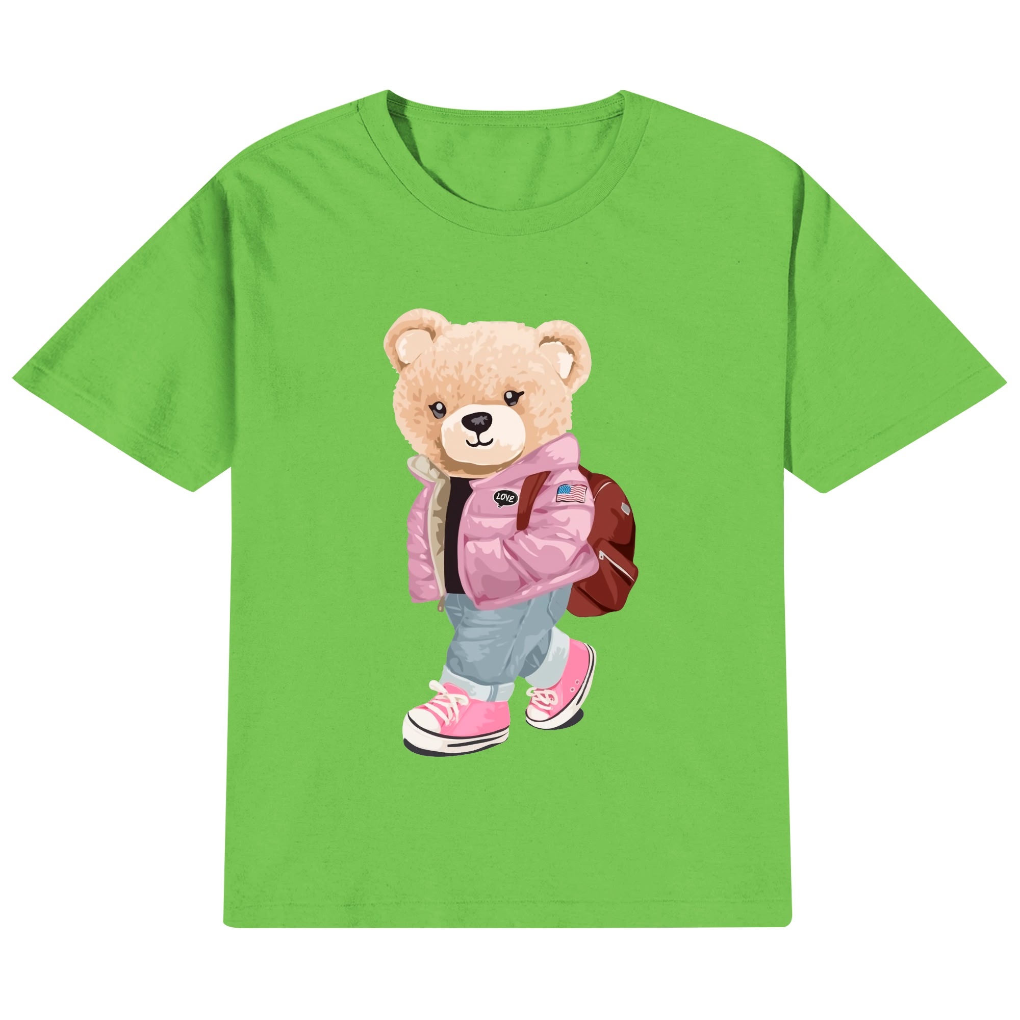 Camiseta infantil color rosa con estampado de oso aventurero en chaqueta, mochila y zapatillas. Diseño moderno para niños.
