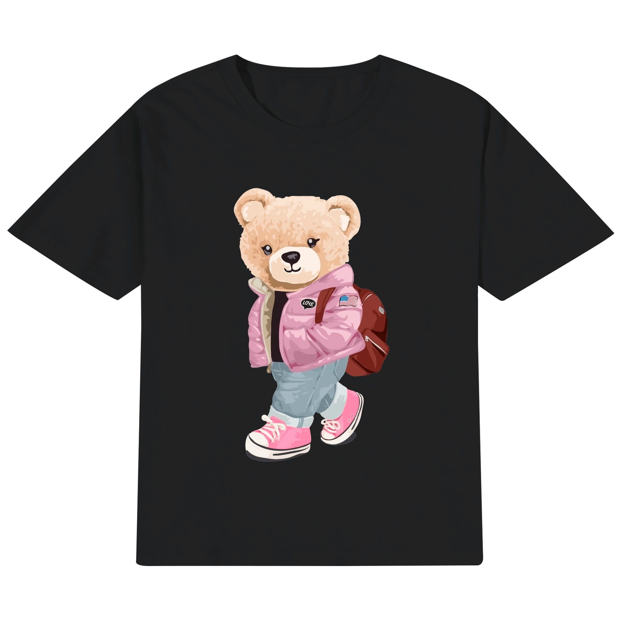 Camiseta infantil color rosa con estampado de oso aventurero en chaqueta, mochila y zapatillas. Diseño moderno para niños.