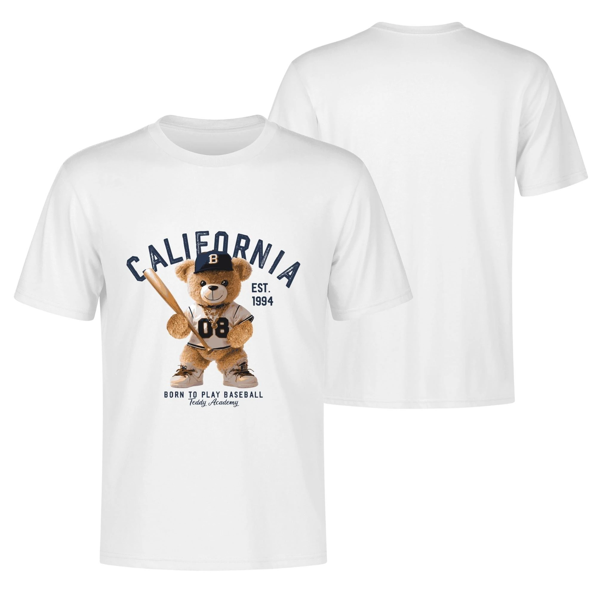 Camiseta para hombre con estampado de oso de peluche vestido de jugador de béisbol, gorra con letra B y texto "CALIFORNIA". Diseño deportivo y lúdico.