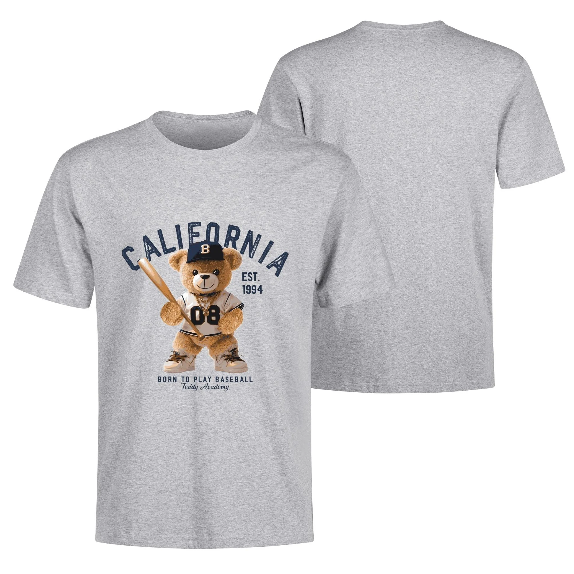 Camiseta para hombre con estampado de oso de peluche vestido de jugador de béisbol, gorra con letra B y texto "CALIFORNIA". Diseño deportivo y lúdico.