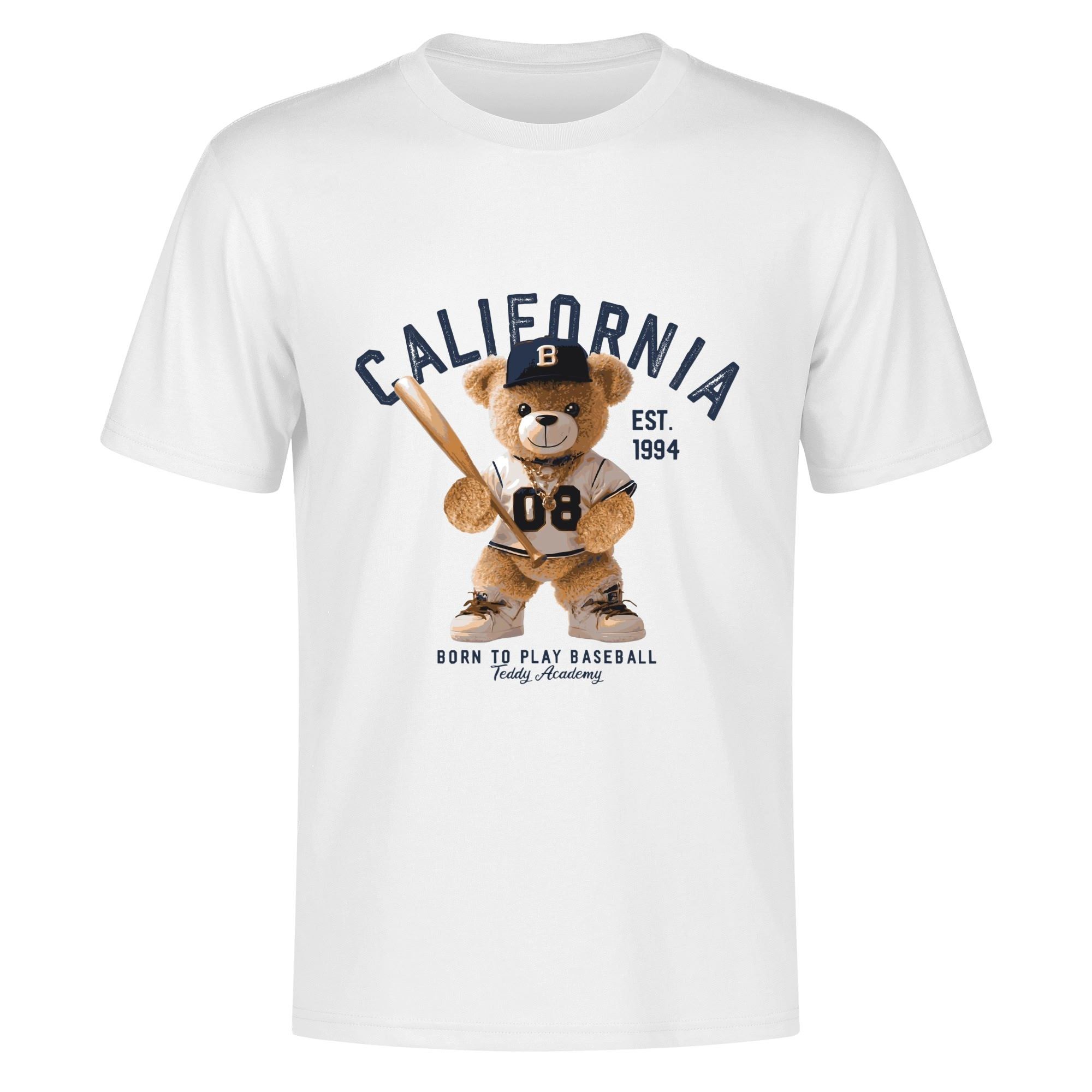 Camiseta para hombre con estampado de oso de peluche vestido de jugador de béisbol, gorra con letra B y texto "CALIFORNIA". Diseño deportivo y lúdico.