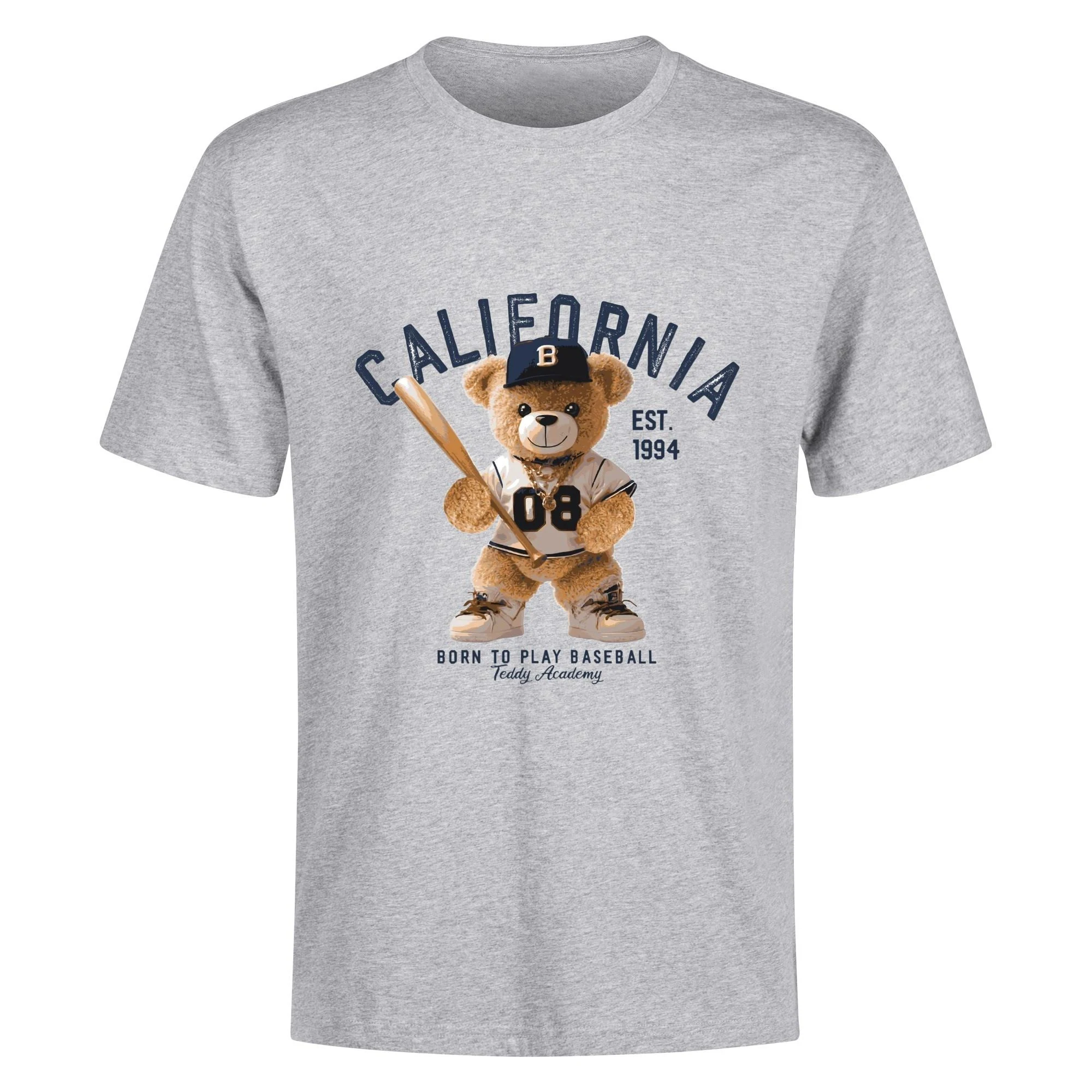 Camiseta para hombre con estampado de oso de peluche vestido de jugador de béisbol, gorra con letra B y texto "CALIFORNIA". Diseño deportivo y lúdico.
