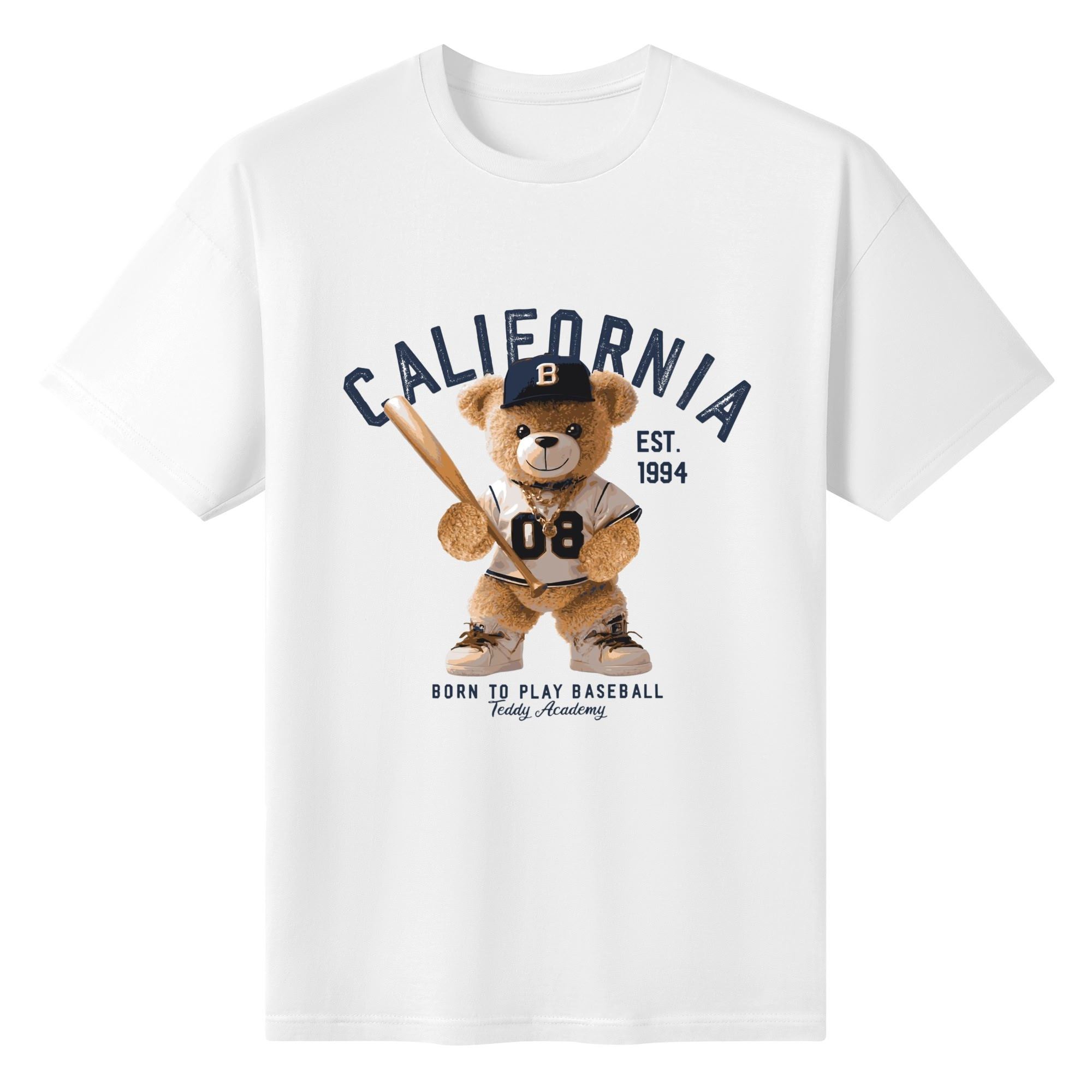 Camiseta azul para mujer con estampado de oso de peluche vestido de jugador de béisbol, gorra con letra B y texto "CALIFORNIA". Diseño deportivo y lúdico en algodón.