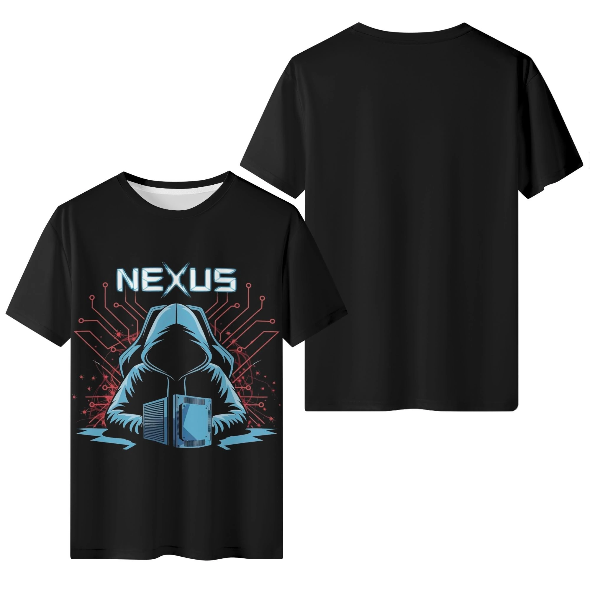 Camiseta negra para hombre con estampado de circuitos electrónicos rojos y azules, figura encapuchada y texto "NEXUS". Diseño techwear futurista.