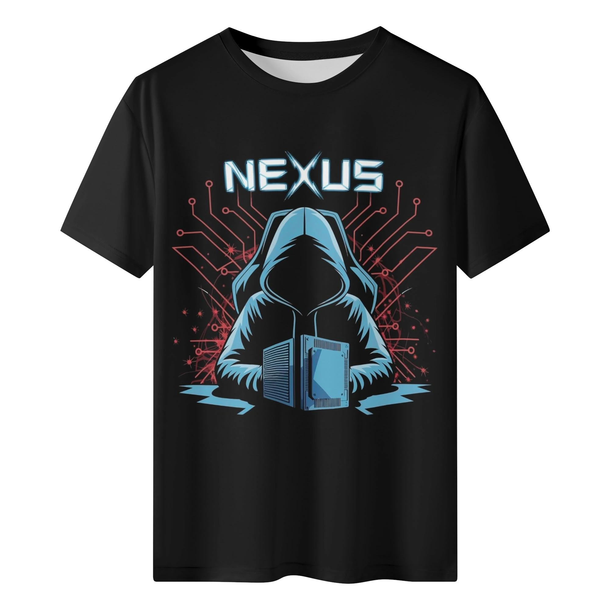 Camiseta negra para hombre con estampado de circuitos electrónicos rojos y azules, figura encapuchada y texto "NEXUS". Diseño techwear futurista.