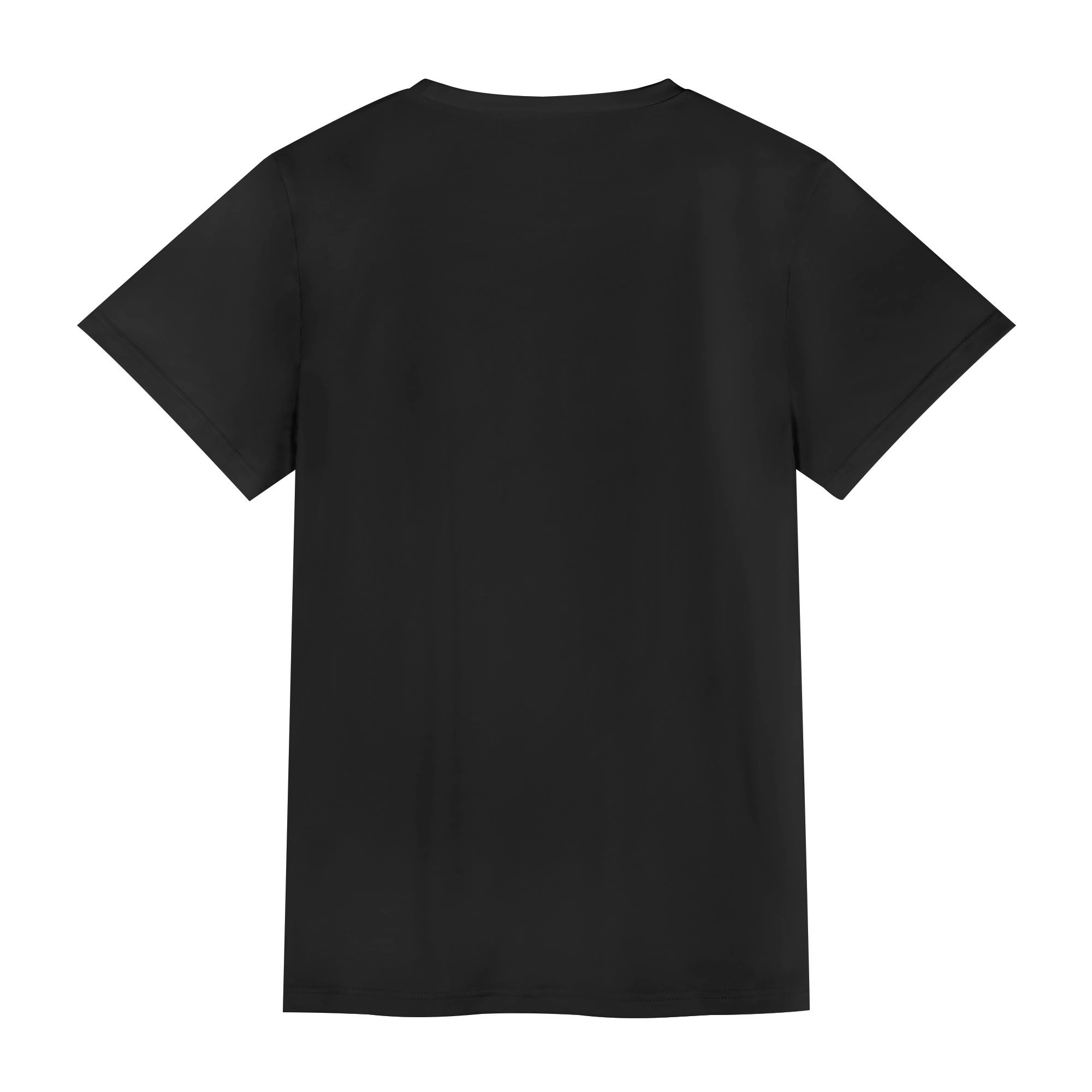 Camiseta negra para mujer con estampado all-over de mariposas neón en azul, morado y rosa, líneas dinámicas y estrellas sobre fondo oscuro.