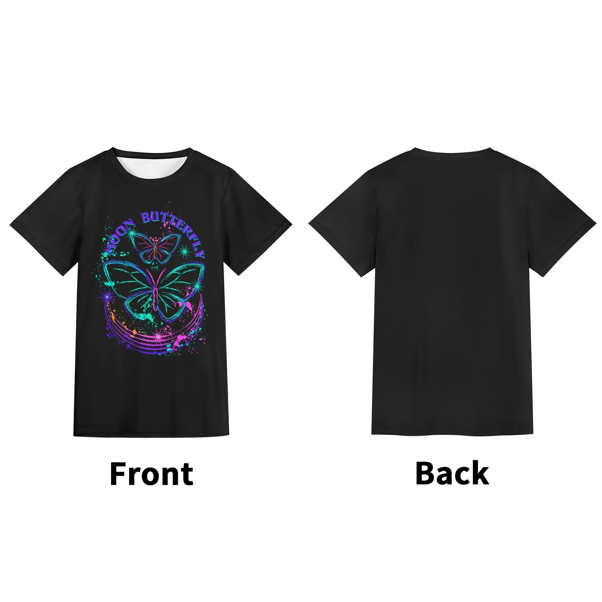 Camiseta negra para mujer con estampado all-over de mariposas neón en azul, morado y rosa, líneas dinámicas y estrellas sobre fondo oscuro.
