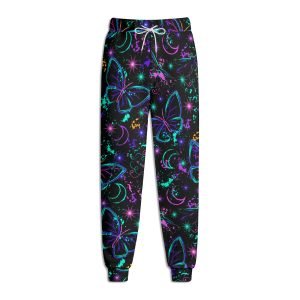 Pantalón jogger negro para mujer con estampado 3D de mariposas y libélulas neón, lunas crecientes y salpicaduras cósmicas.