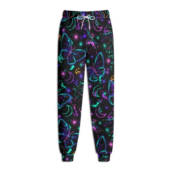Pantalón jogger negro para mujer con estampado 3D de mariposas y libélulas neón, lunas crecientes y salpicaduras cósmicas.