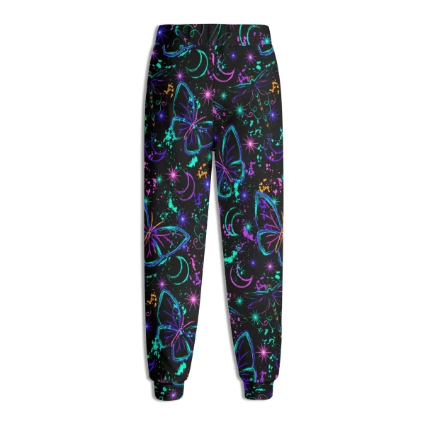 Pantalón jogger negro para mujer con estampado 3D de mariposas y libélulas neón, lunas crecientes y salpicaduras cósmicas.