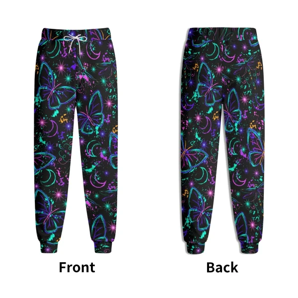 Pantalón jogger negro para mujer con estampado 3D de mariposas y libélulas neón, lunas crecientes y salpicaduras cósmicas.